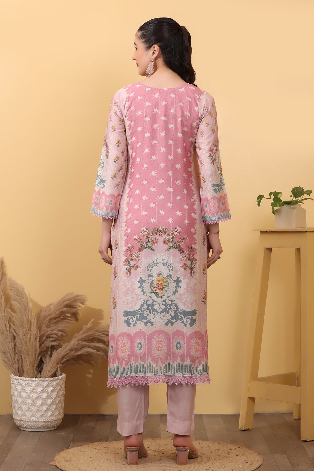 Pink Printed Silk Blend Salwar Kurta Dupatta Set