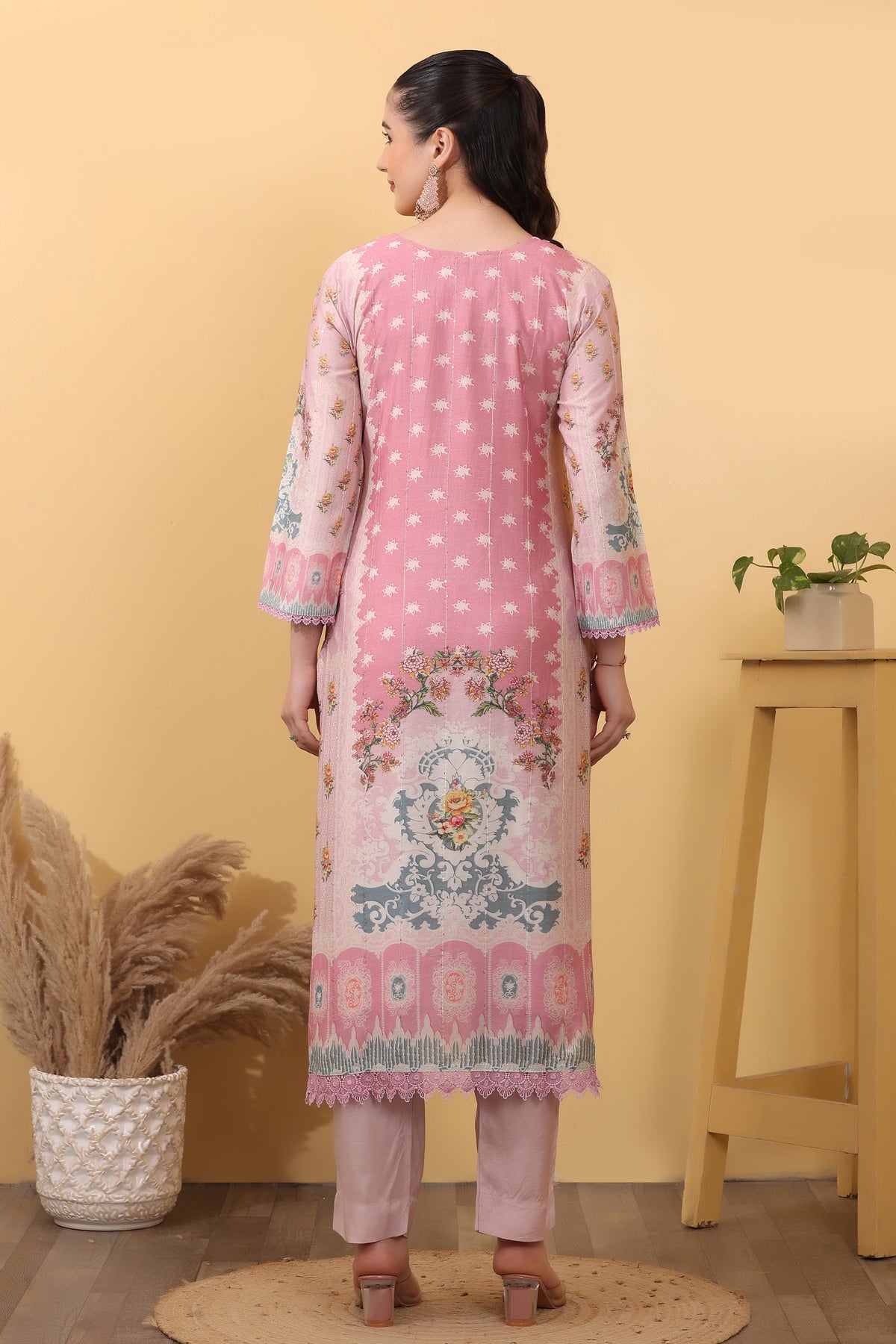 Pink Printed Silk Blend Salwar Kurta Dupatta Set