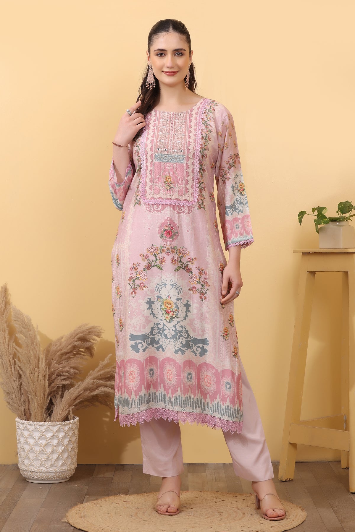 Pink Printed Silk Blend Salwar Kurta Dupatta Set