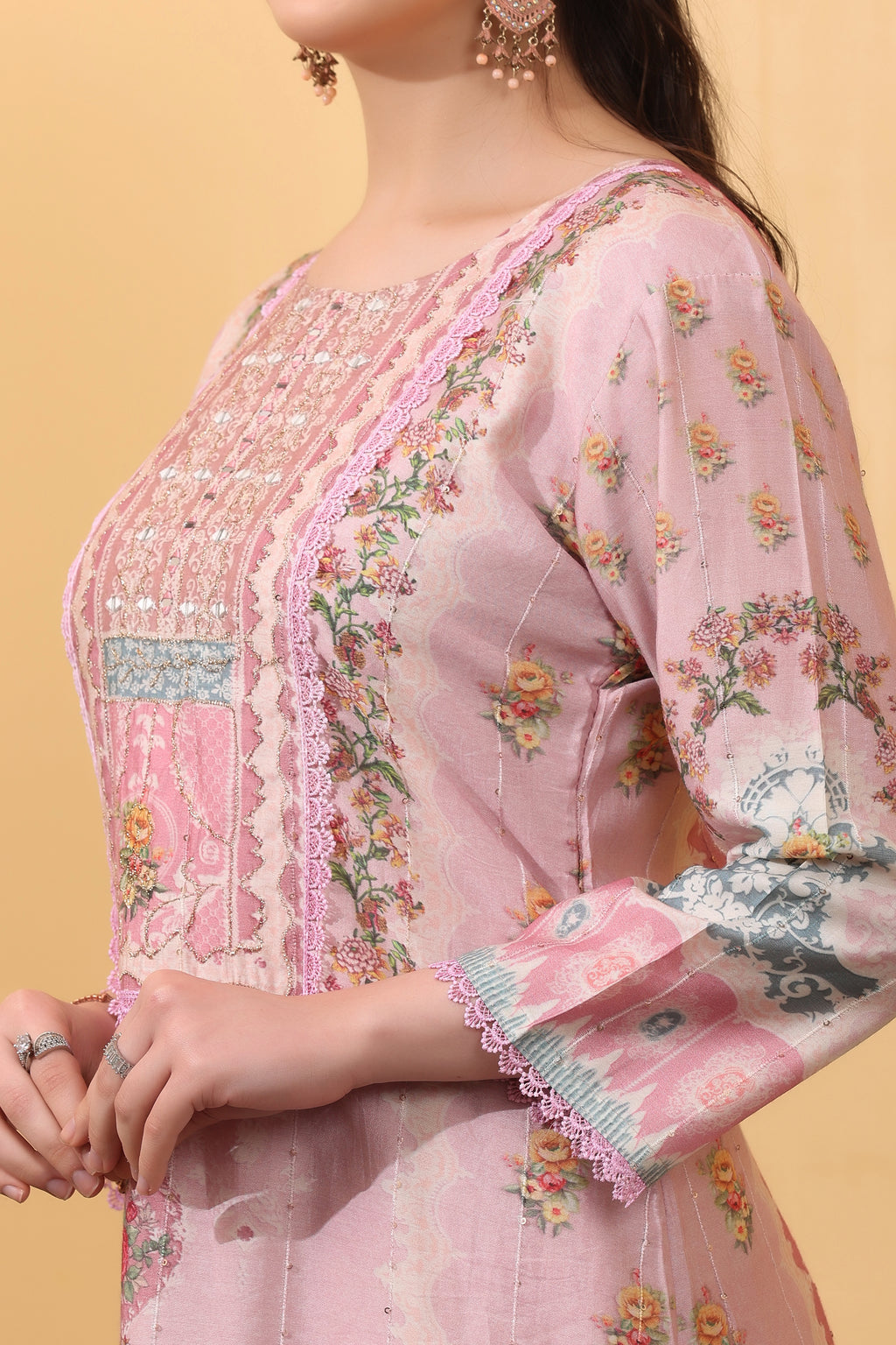 Pink Printed Silk Blend Salwar Kurta Dupatta Set