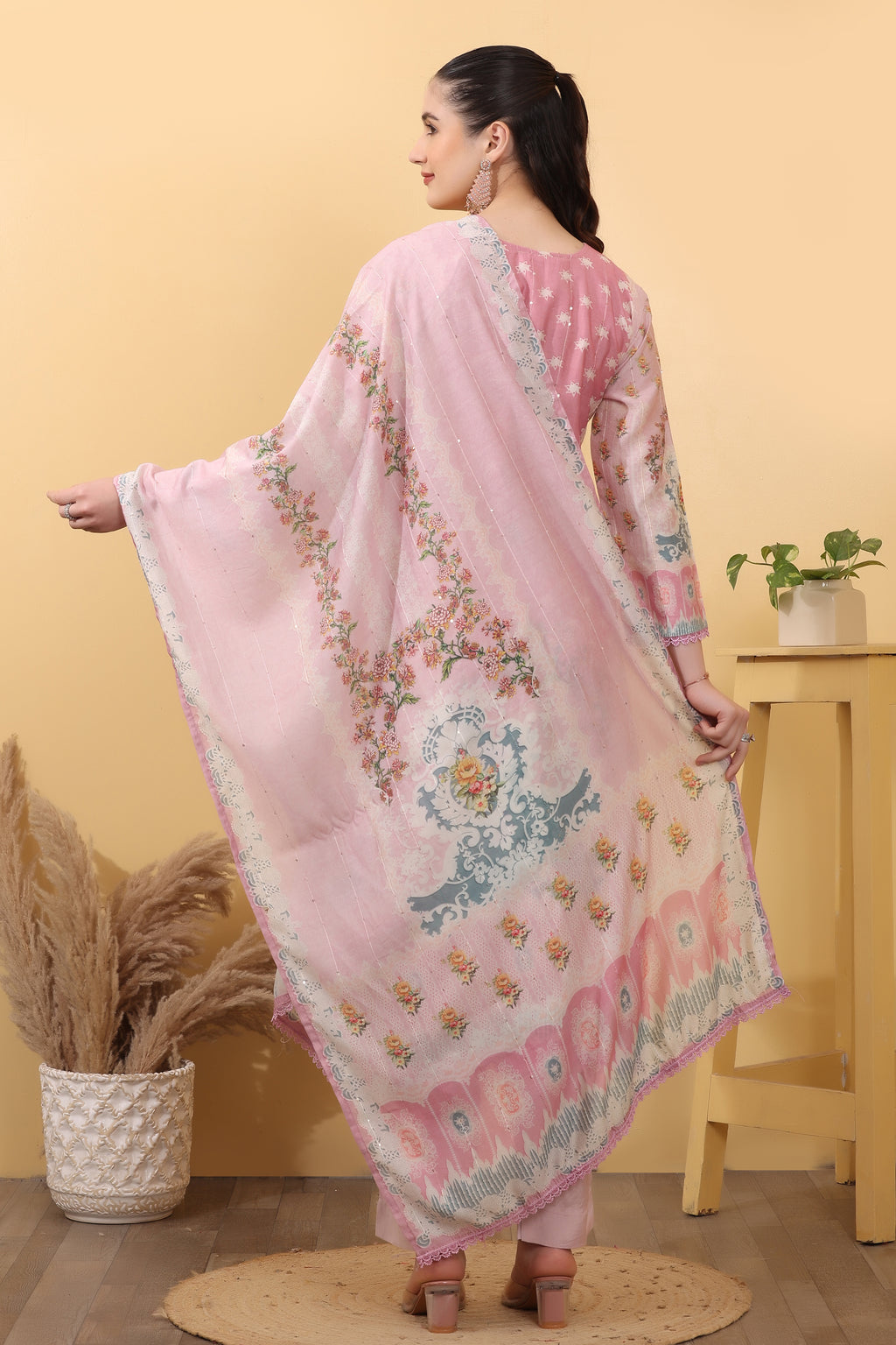 Pink Printed Silk Blend Salwar Kurta Dupatta Set