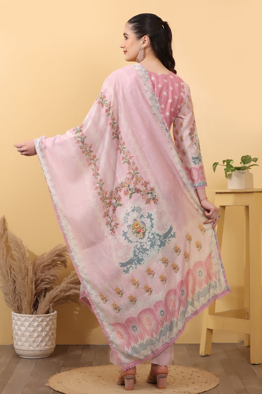Pink Printed Silk Blend Salwar Kurta Dupatta Set