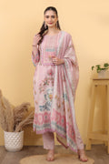 Pink Printed Silk Blend Salwar Kurta Dupatta Set