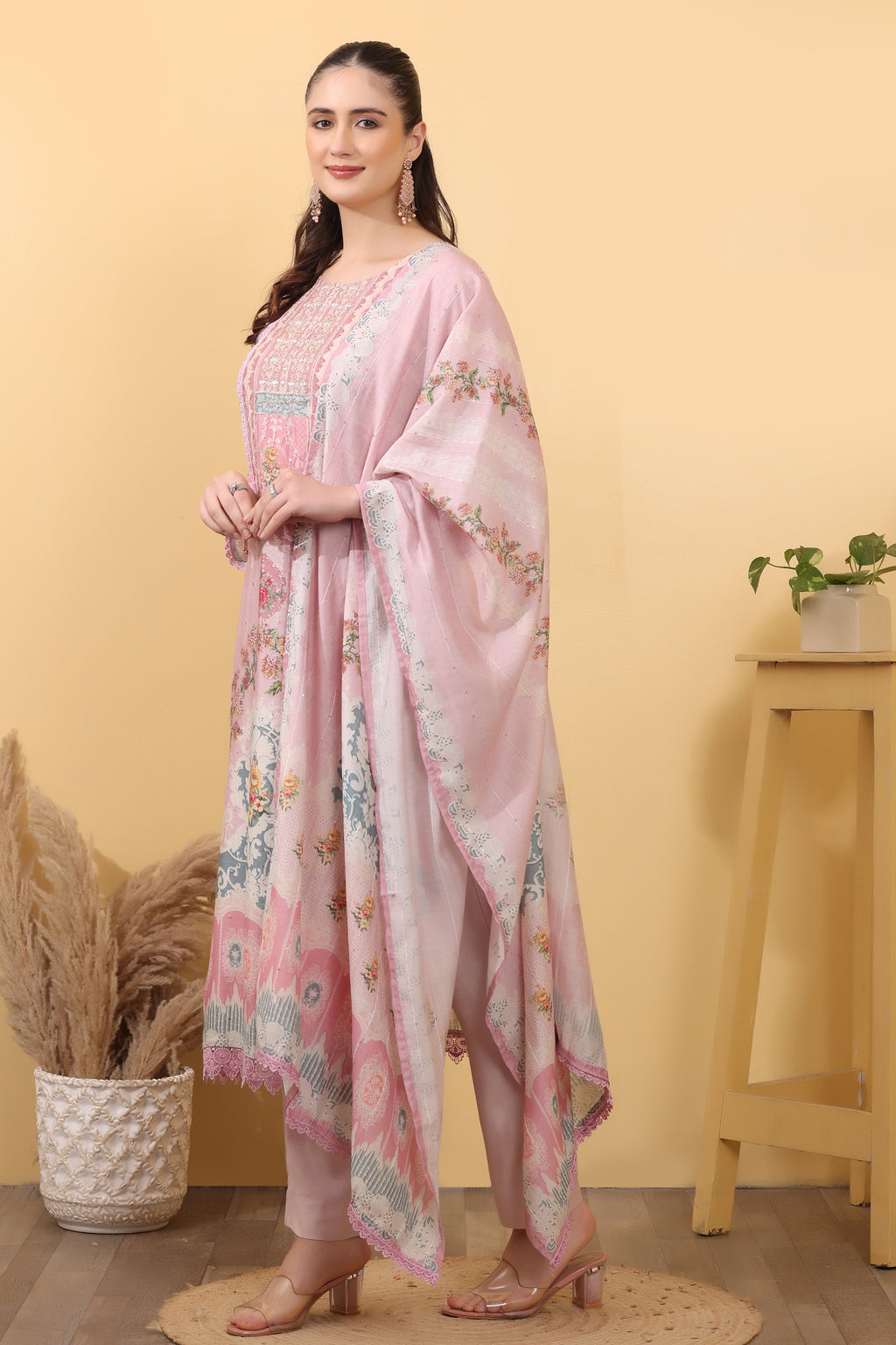 Pink Printed Silk Blend Salwar Kurta Dupatta Set