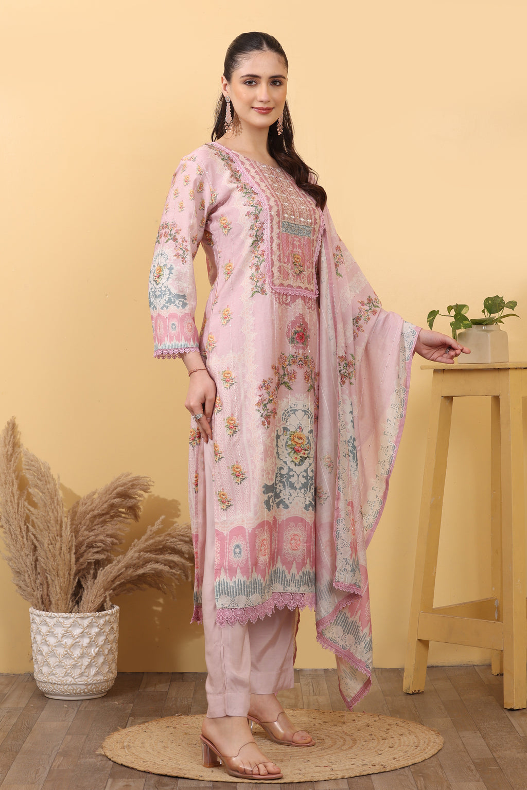 Pink Printed Silk Blend Salwar Kurta Dupatta Set