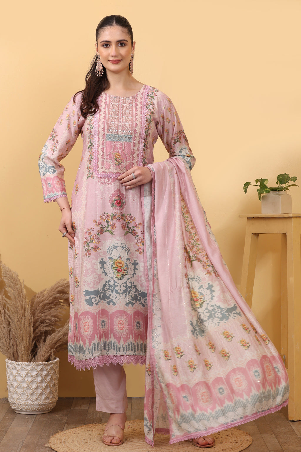 Pink Printed Silk Blend Salwar Kurta Dupatta Set