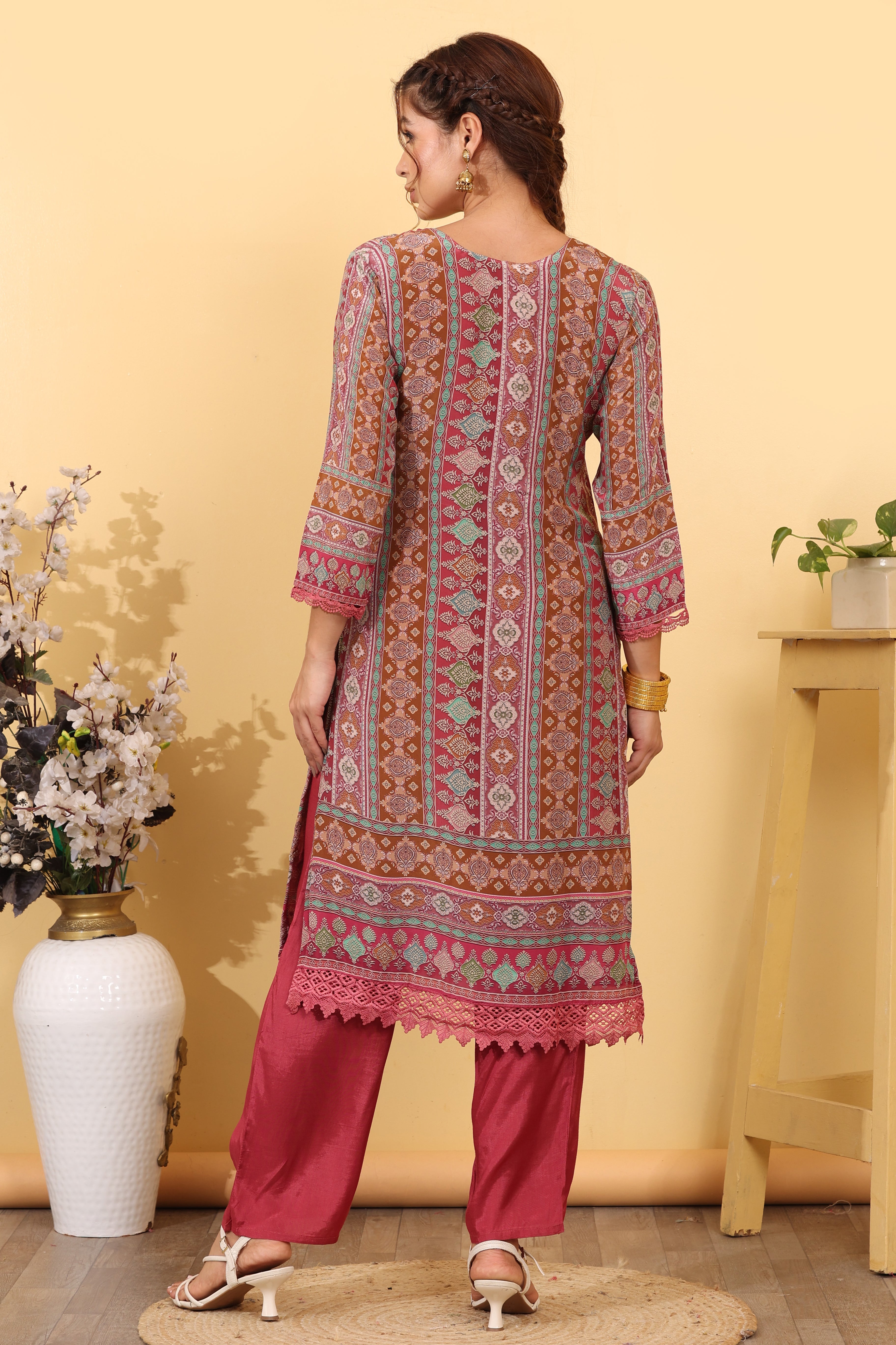 Brick Pink Silk Blend Printed Salwar Kurta Dupatta Set