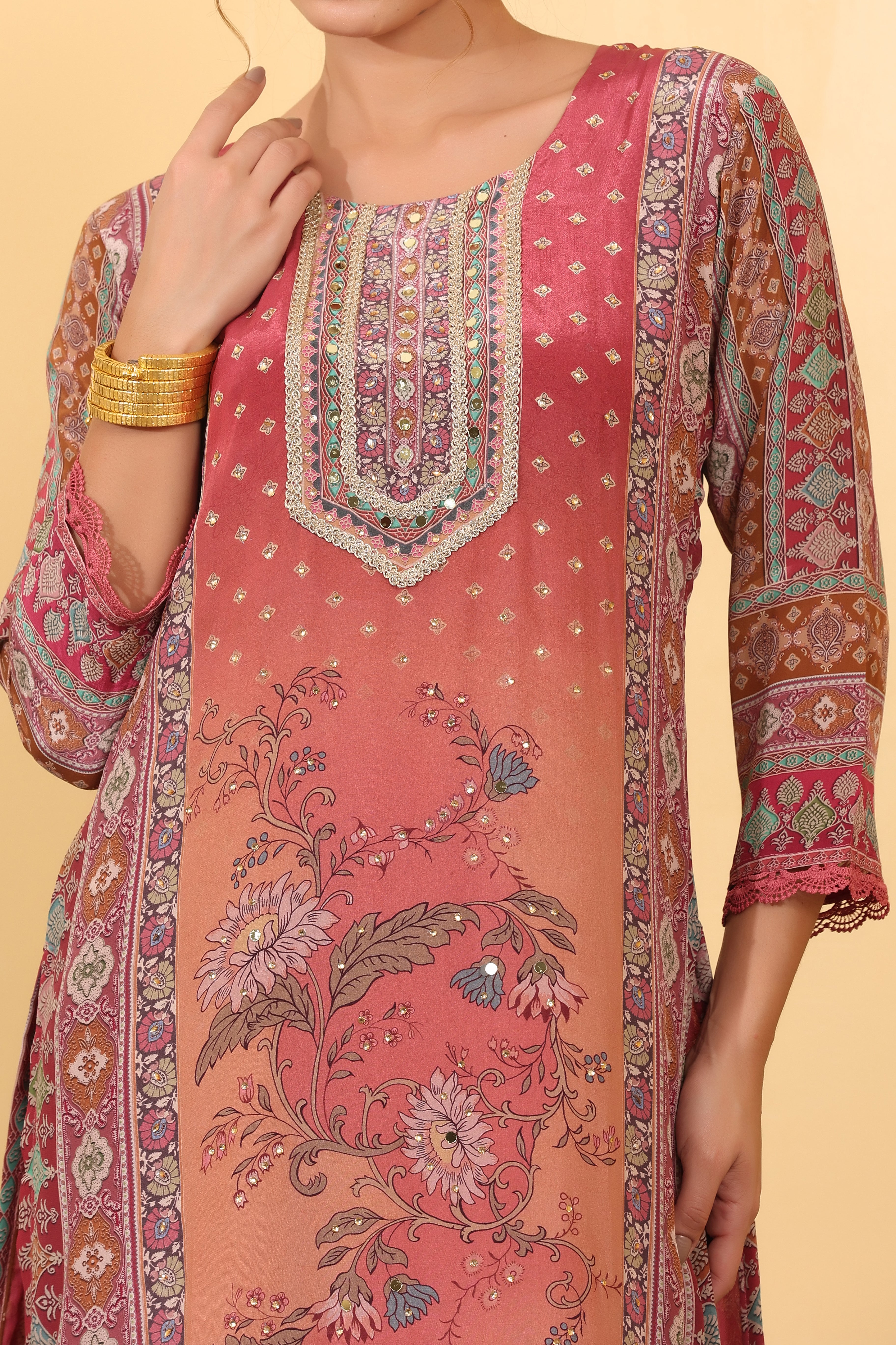 Brick Pink Silk Blend Printed Salwar Kurta Dupatta Set