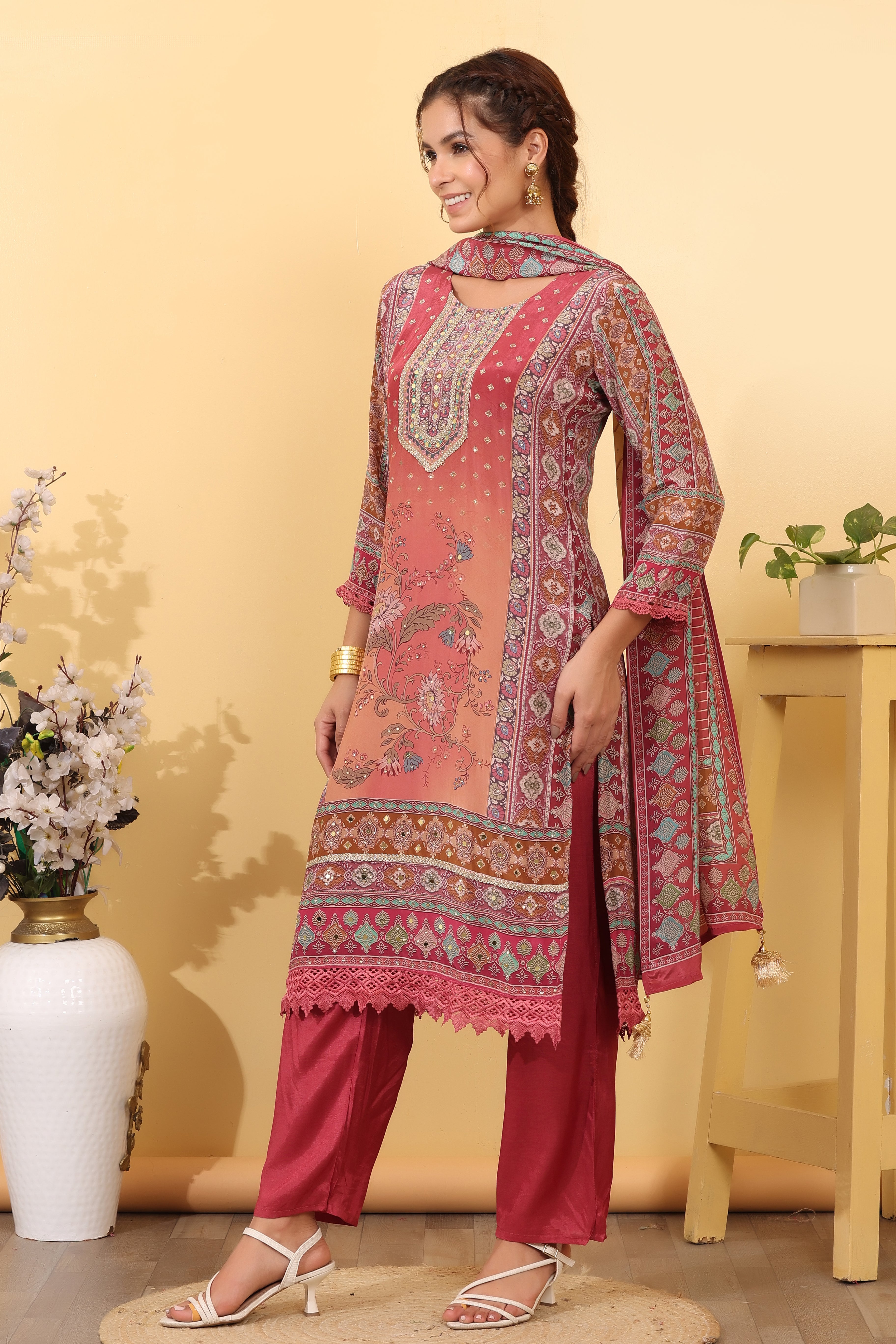 Brick Pink Silk Blend Printed Salwar Kurta Dupatta Set
