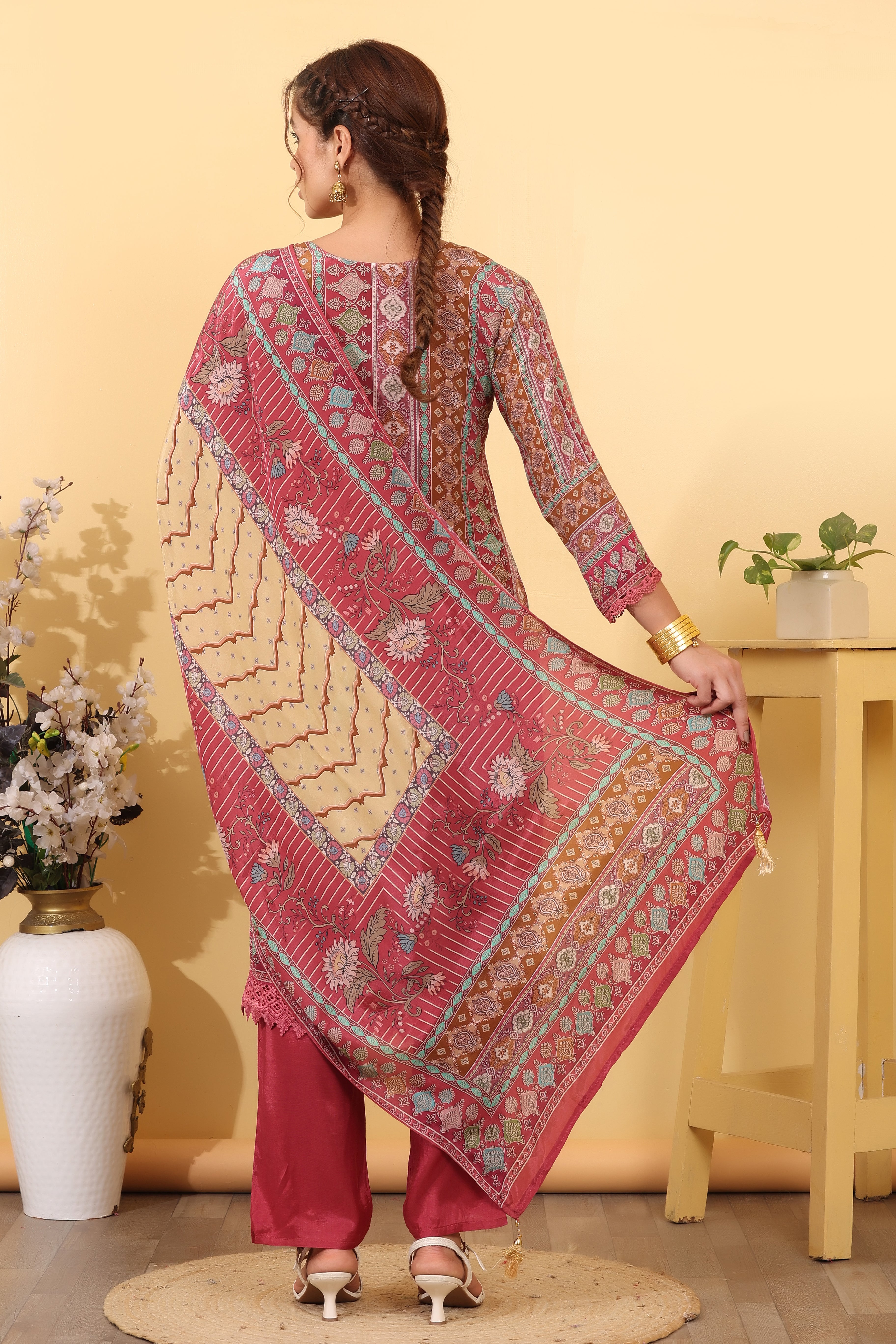 Brick Pink Silk Blend Printed Salwar Kurta Dupatta Set