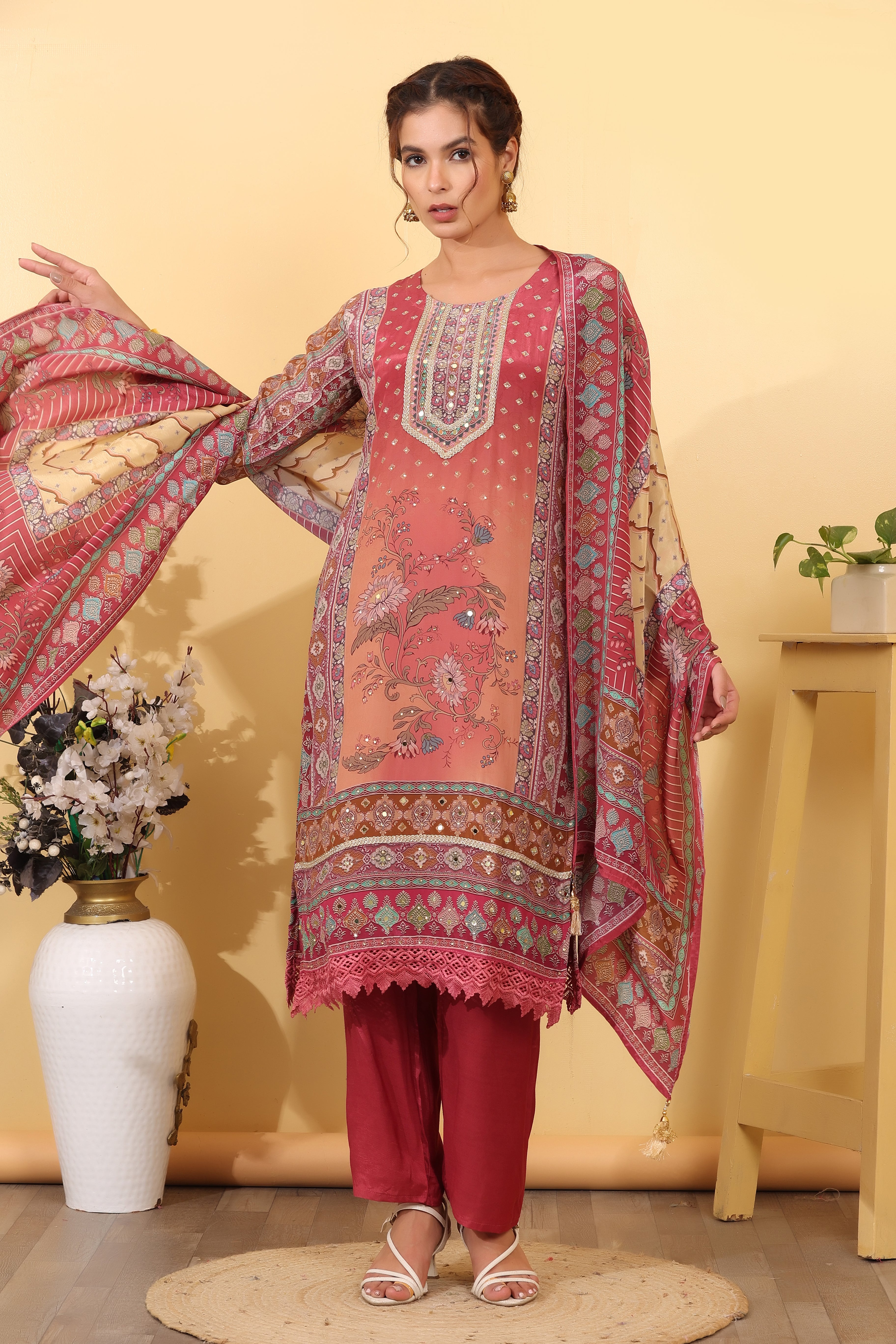 Brick Pink Silk Blend Printed Salwar Kurta Dupatta Set