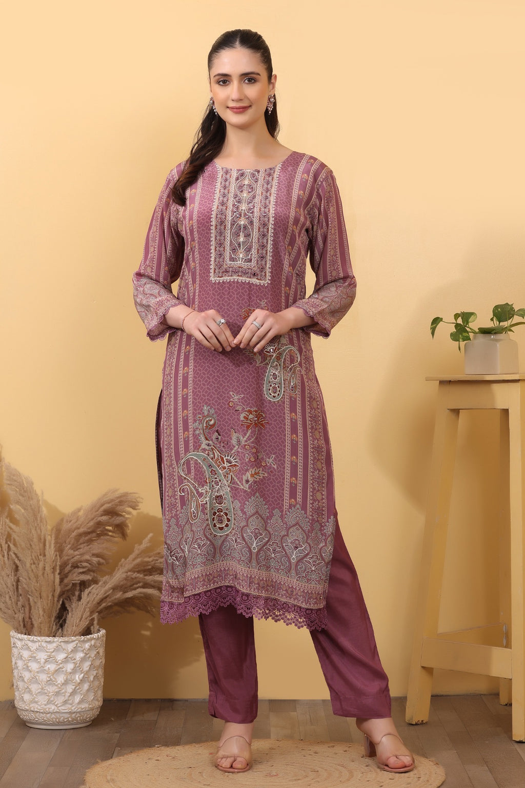 Mauve Printed Premium Suit Set with Dupatta - HSDAASKAR000021
