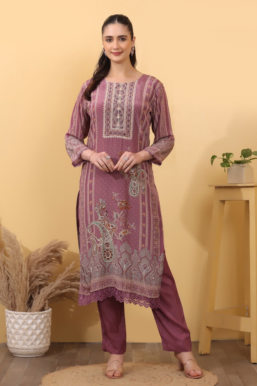 Mauve Printed Premium Suit Set with Dupatta - HSDAASKAR000021
