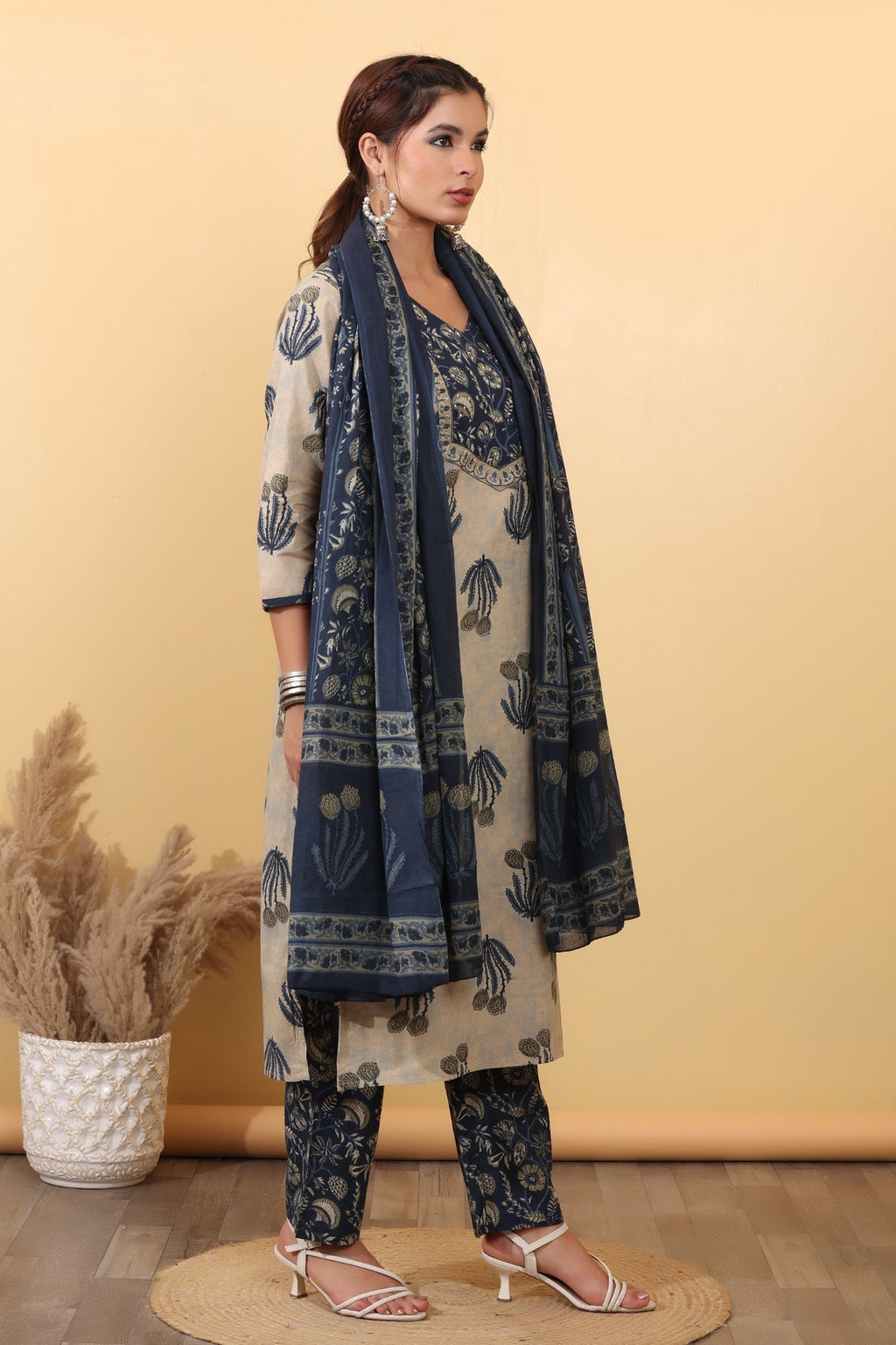 Beige & Navy Blue Printed Cotton Suit Set with Floral Yoke & Dupatta HSDAASKST000005