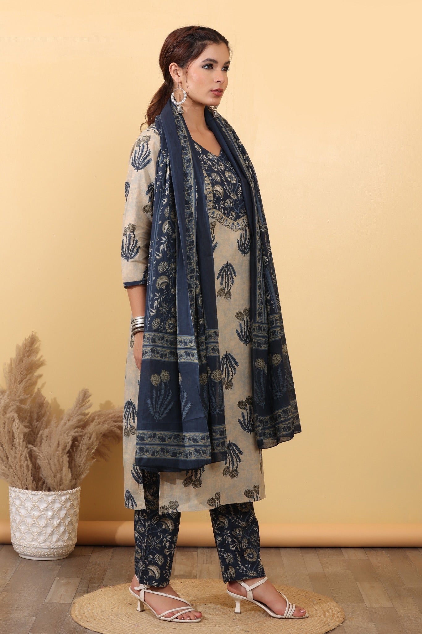 Beige & Navy Blue Printed Cotton Suit Set with Floral Yoke & Dupatta HSDAASKST000005