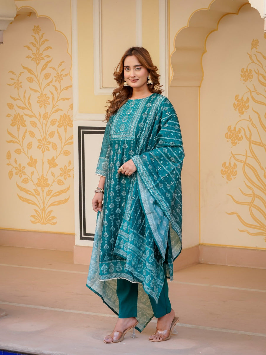 House of Sdaa Emerald Green Printed Kurta Set HSDAASKBC000002