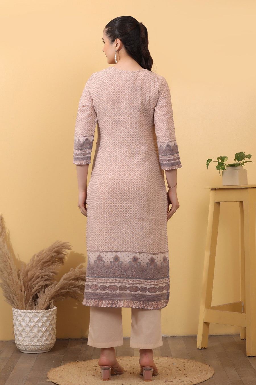Beige Linen Printed Suit Set with Matching Linen Dupatta