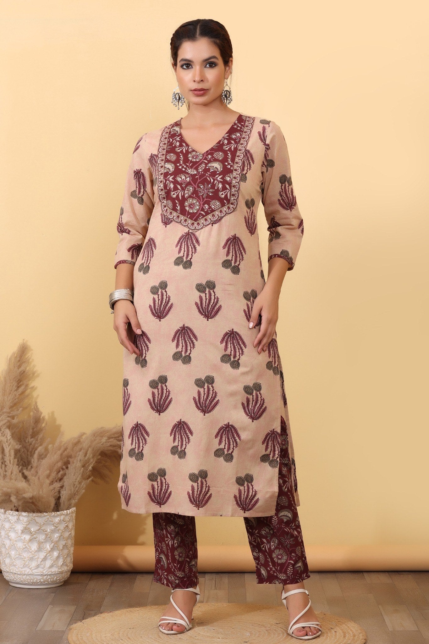 Beige & Maroon Cotton Salwar Kurta Dupatta Set for Women