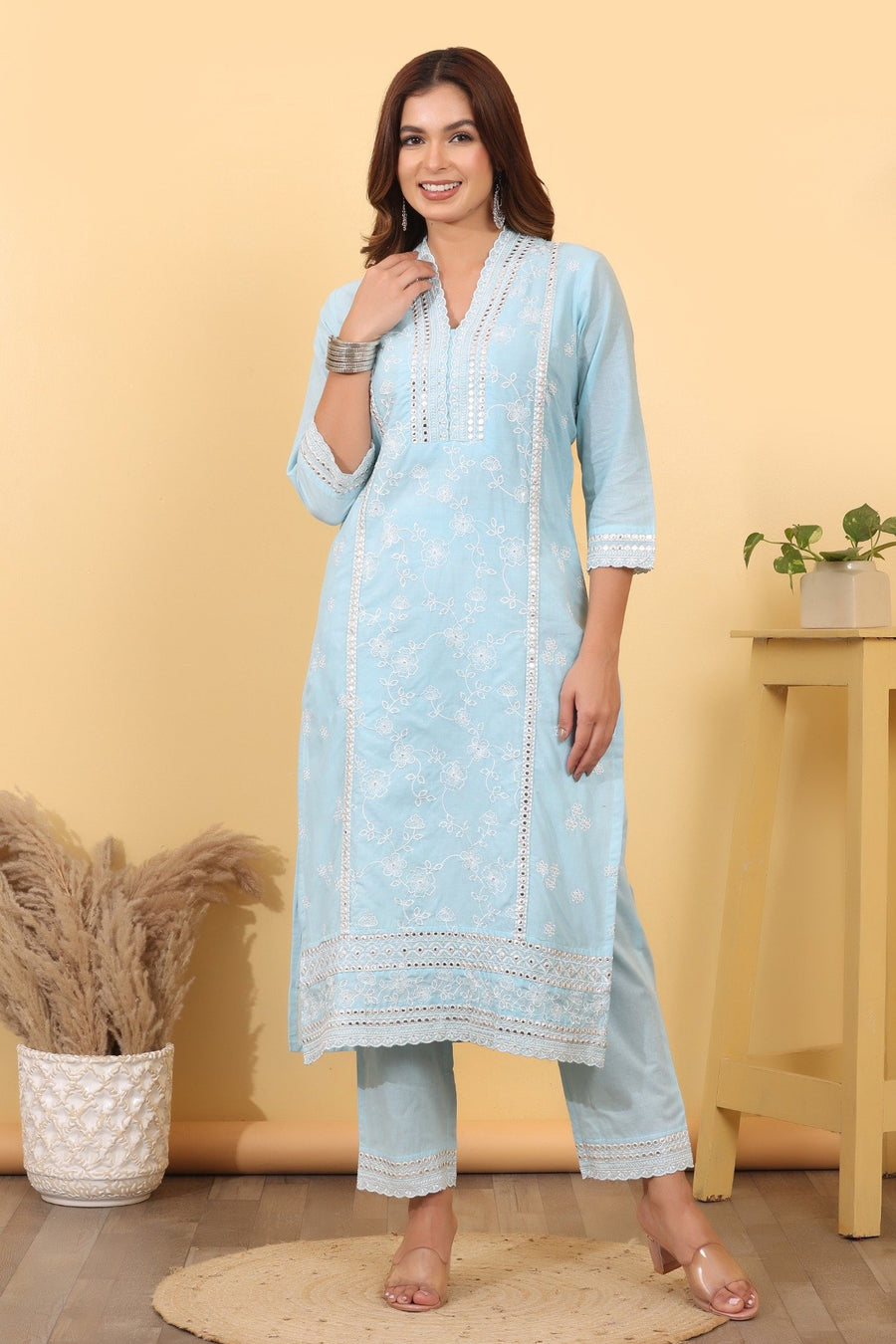 Sky Blue Cotton Embroidered Suit Set with Soft Cotton Dupatta.