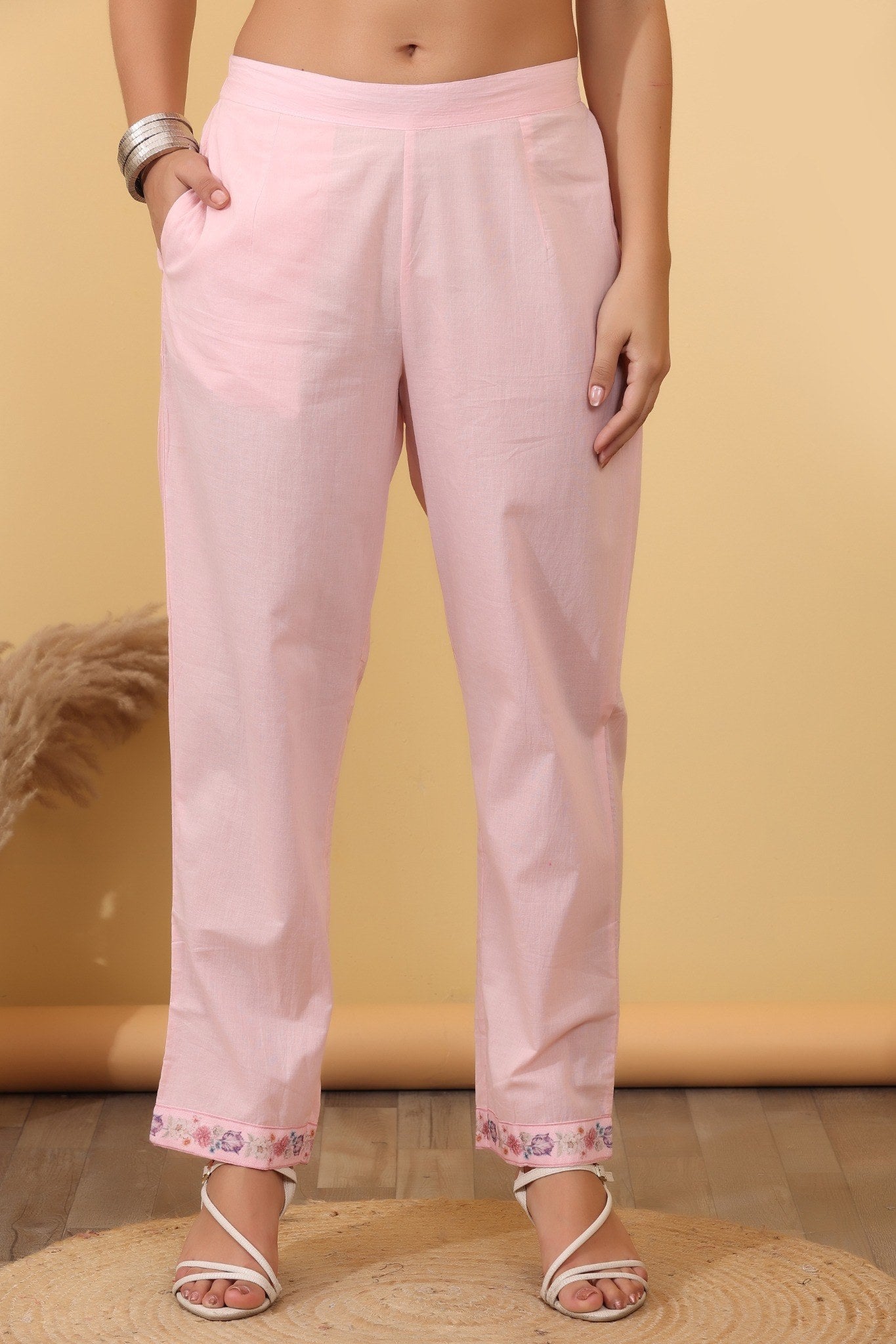 Blush Pink Floral Cotton Embroidered Suit Set with Dupatta