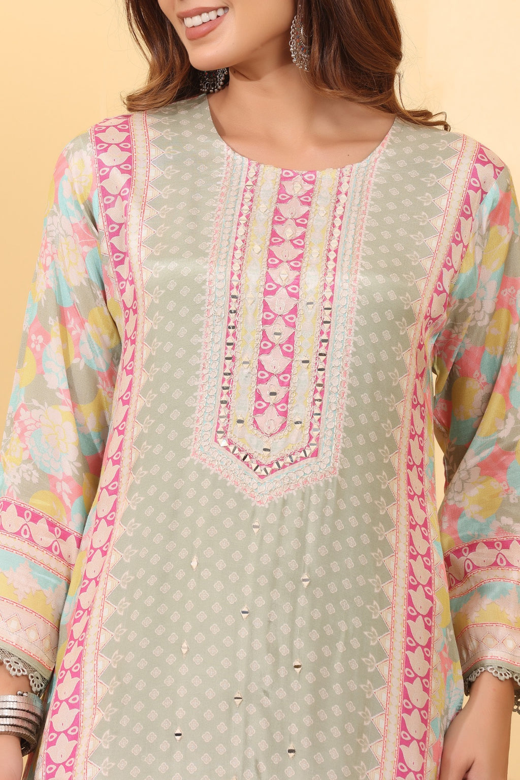 Sage Green Printed Suit Set with Multicolor Dupatta HSDAASKAR000007
