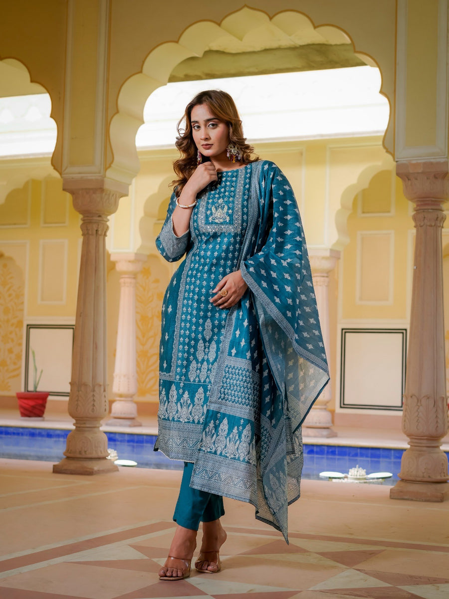 Teal Blue Printed Kurta Set.