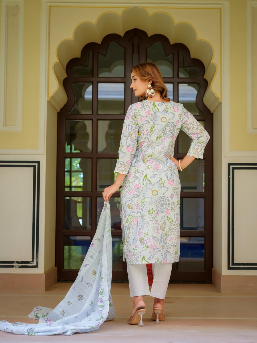 House of Sdaa White Floral Printed Kurta Set , HSDAASKID000002 BLUE