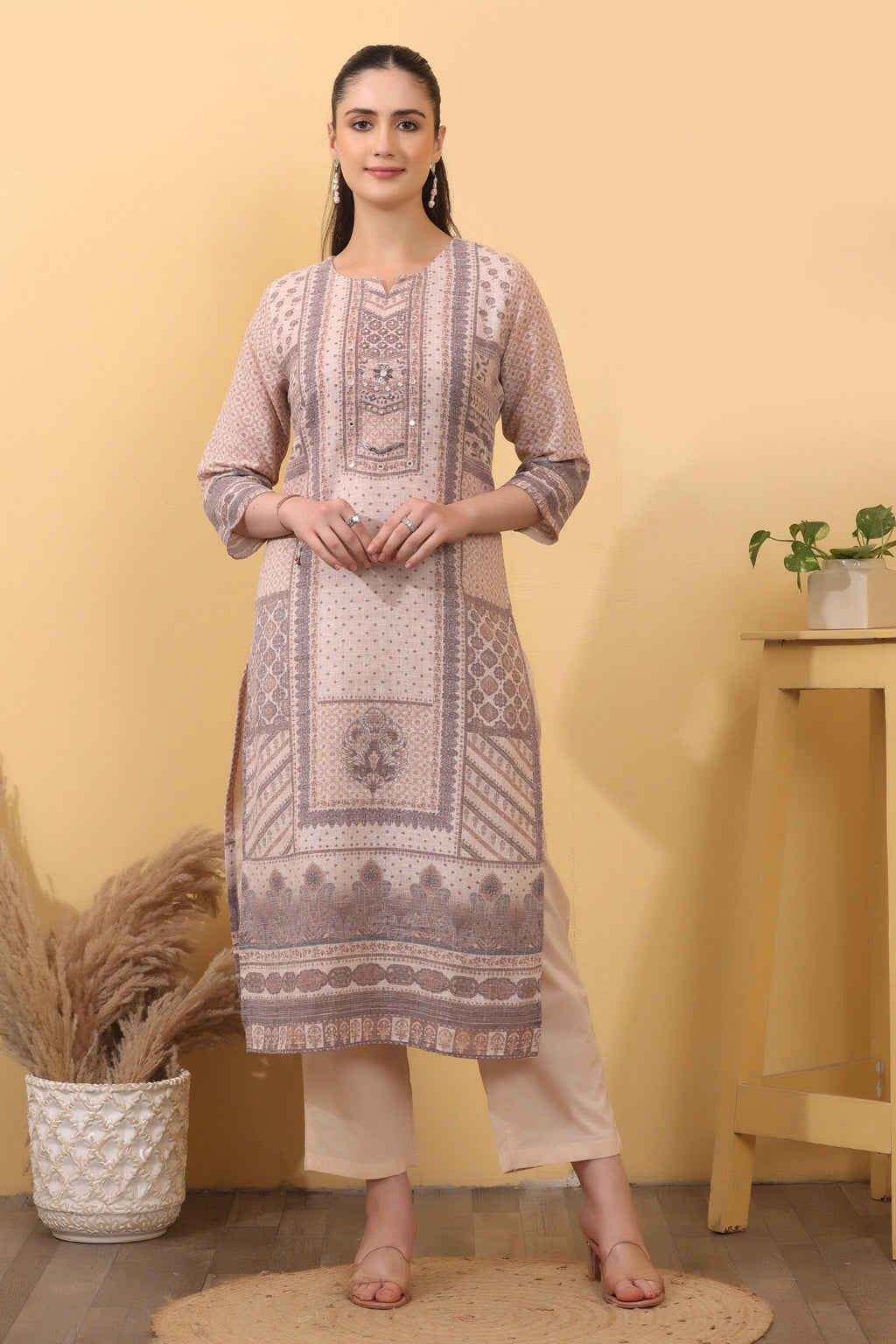 Beige Linen Printed Suit Set with Matching Linen Dupatta
