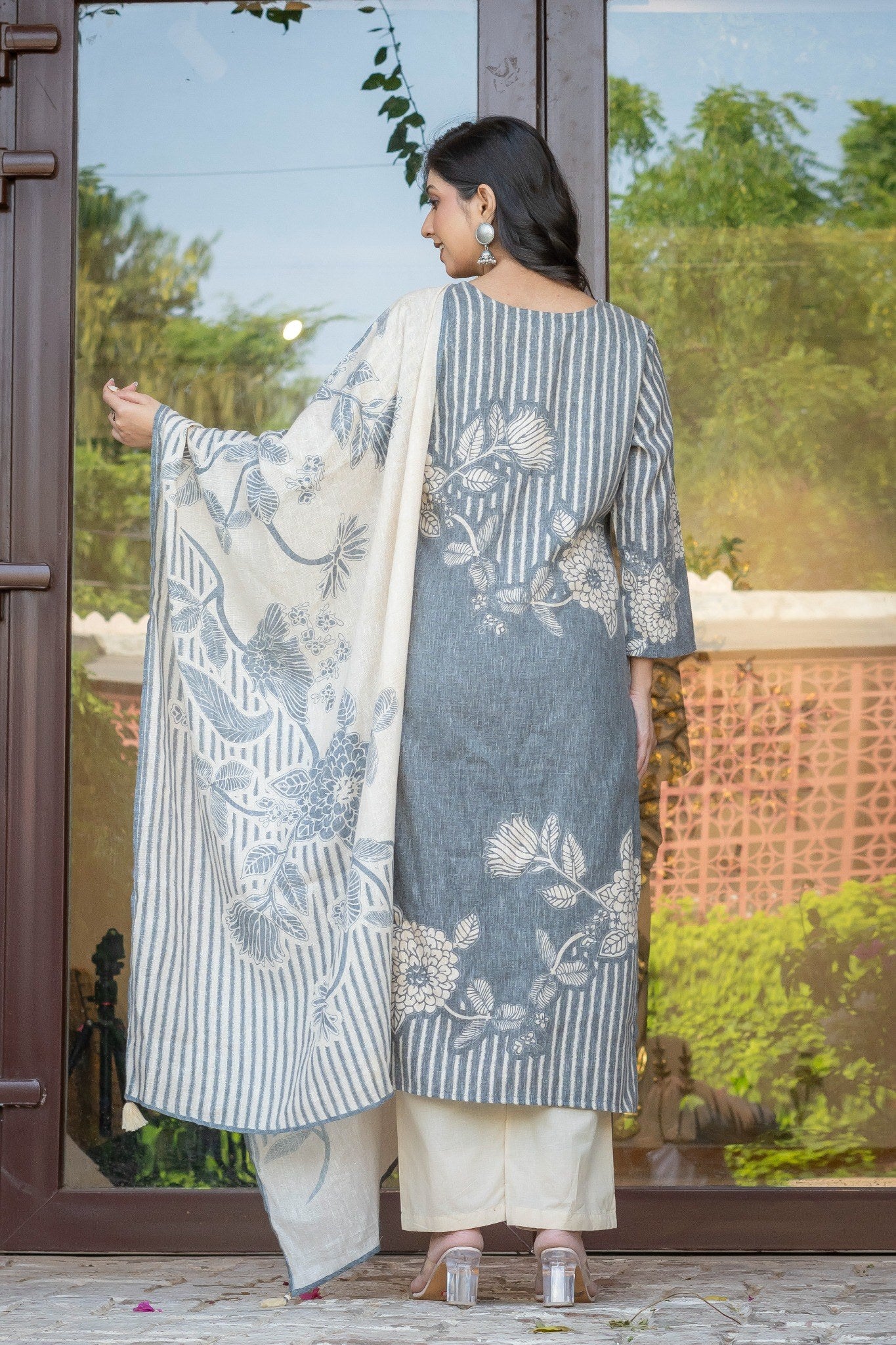 Grey Linen Printed Salwar Kurta Dupatta Set for Women