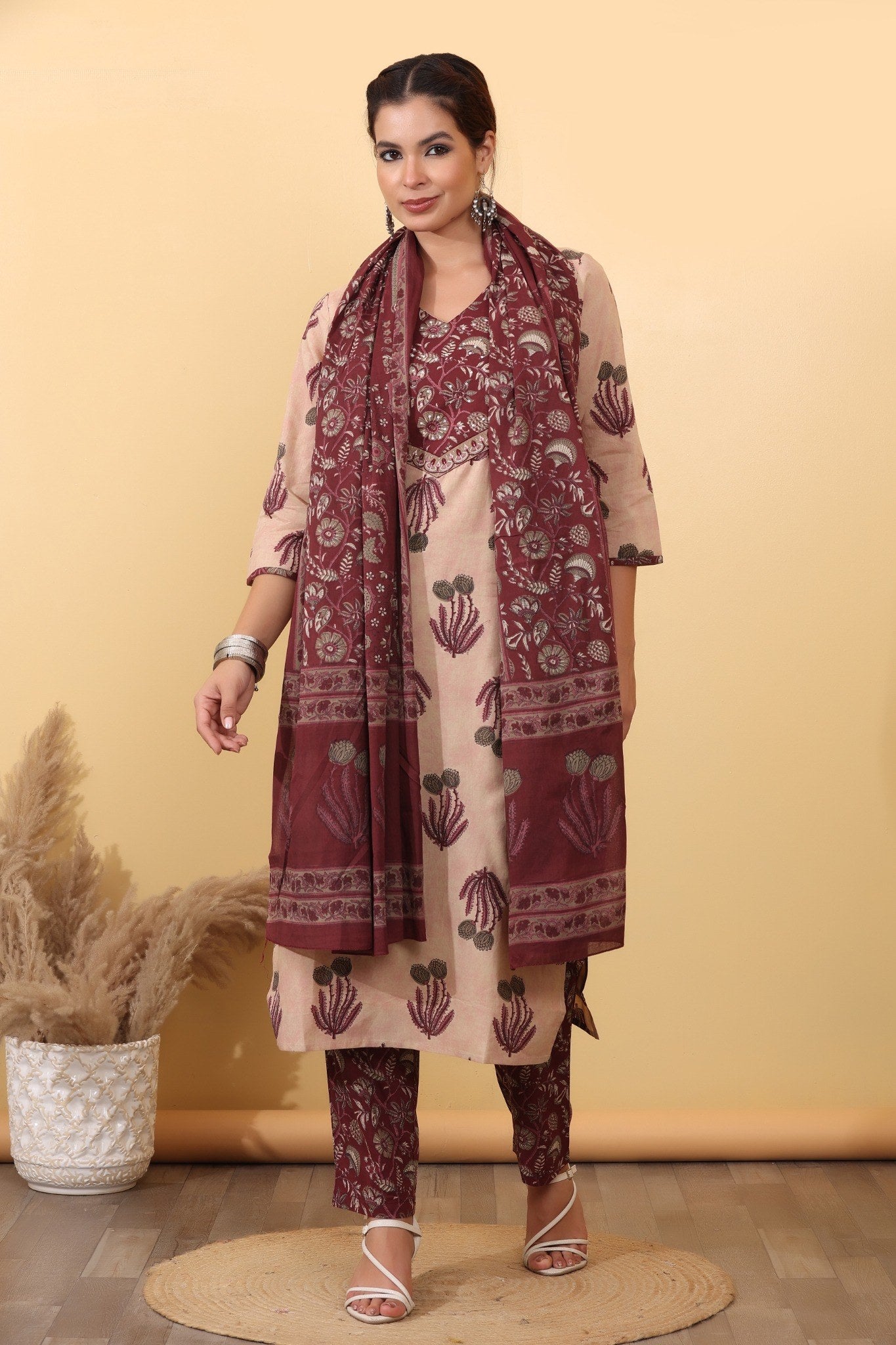 Beige & Maroon Cotton Salwar Kurta Dupatta Set for Women