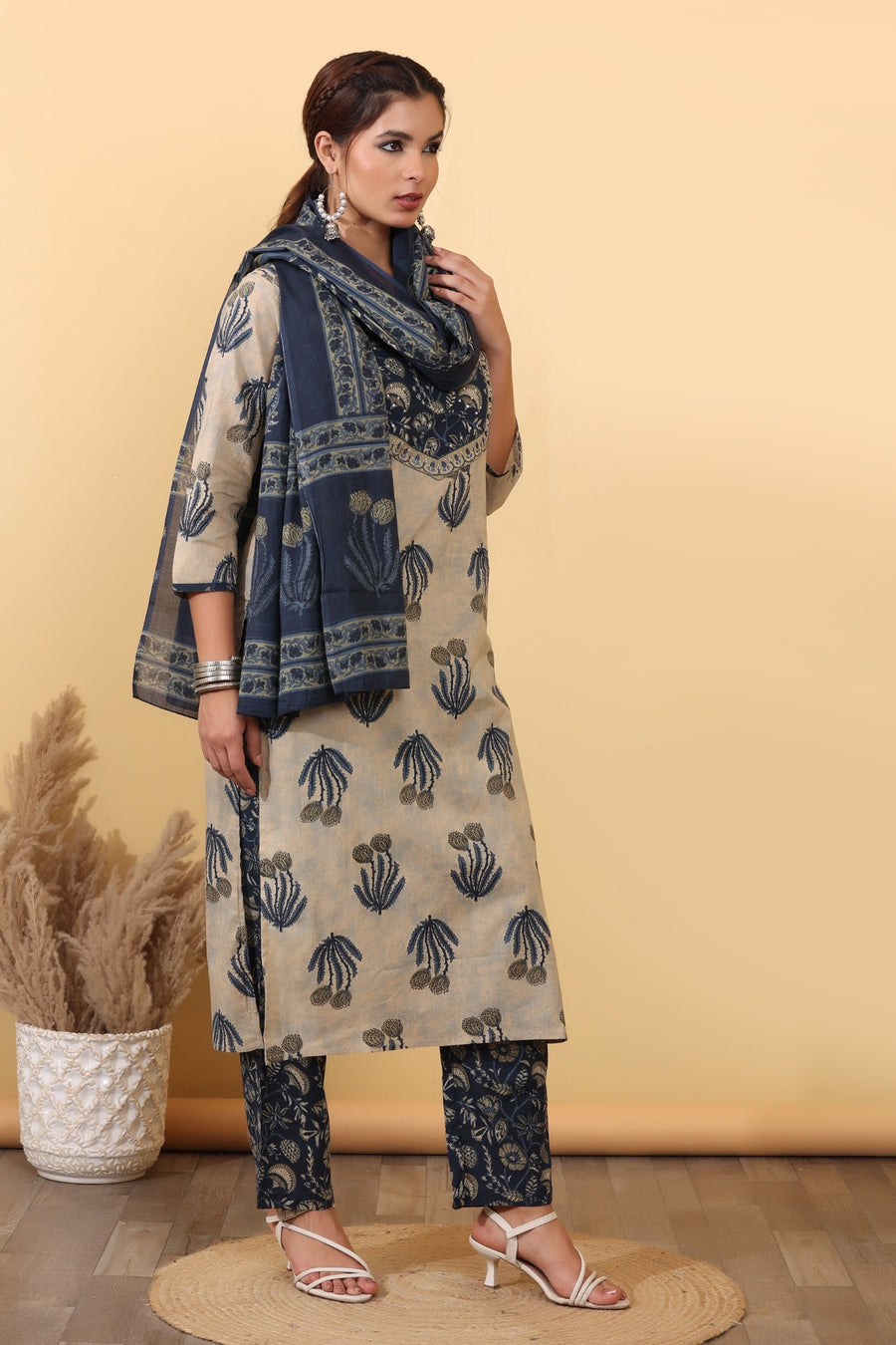 Beige & Navy Blue Printed Cotton Suit Set with Floral Yoke & Dupatta.