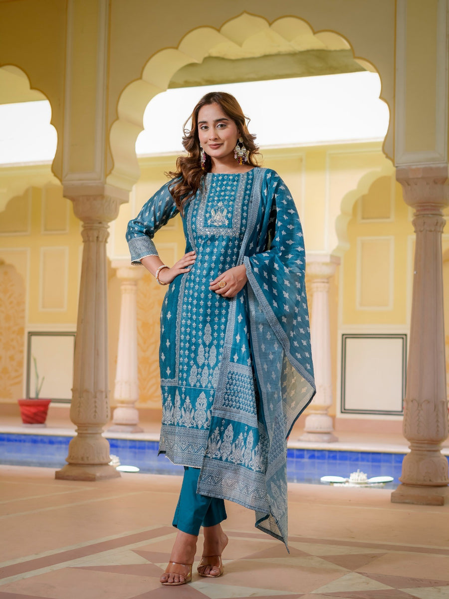 Teal Blue Printed Kurta Set.