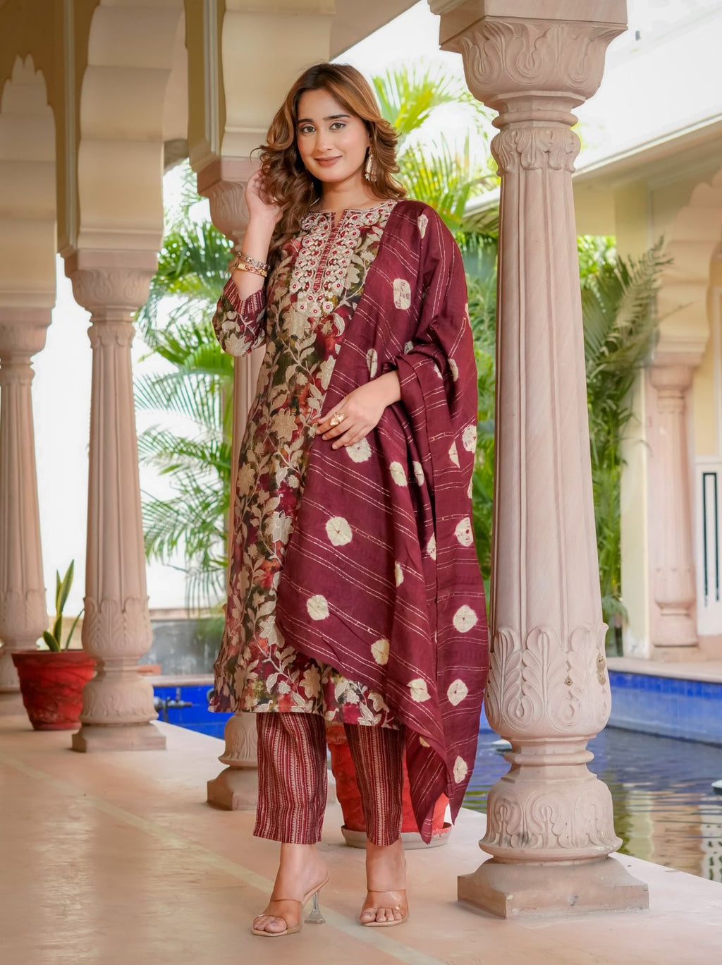 House of Sdaa Floral Printed Mehroon  Kurta Set . HSDAAMLSK000009