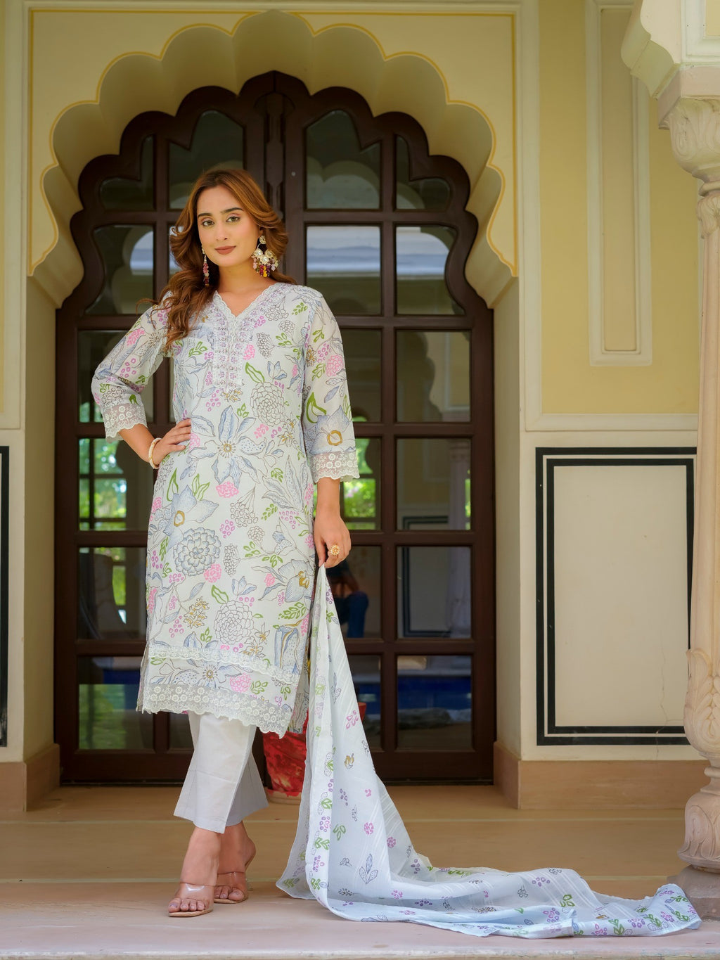 House of Sdaa White Floral Printed Kurta Set , HSDAASKID000002 BLUE