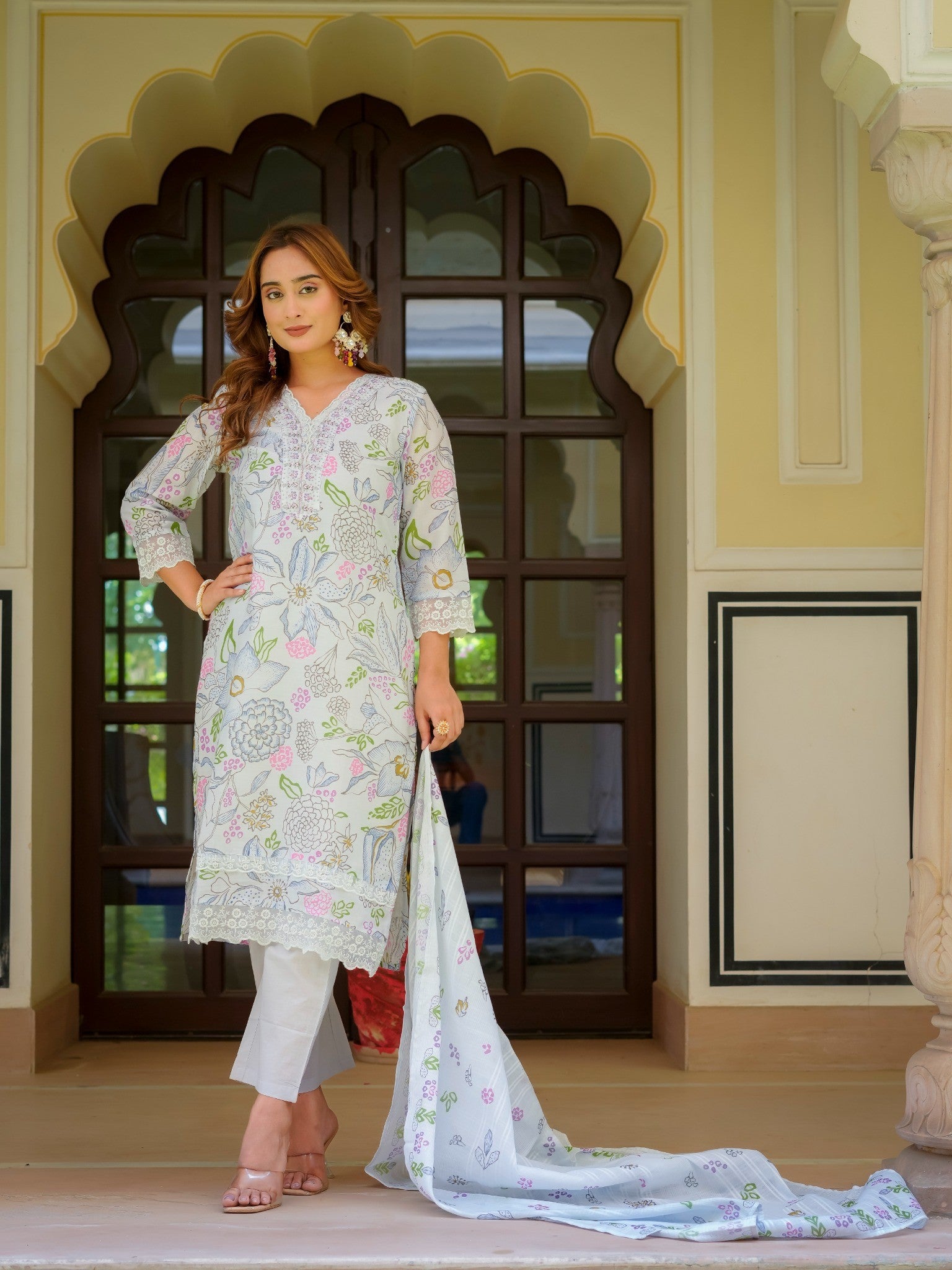 House of Sdaa White Floral Printed Kurta Set , HSDAASKID000002 BLUE