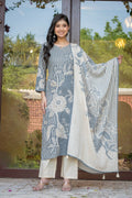 Grey Linen Printed Salwar Kurta Dupatta Set for Women