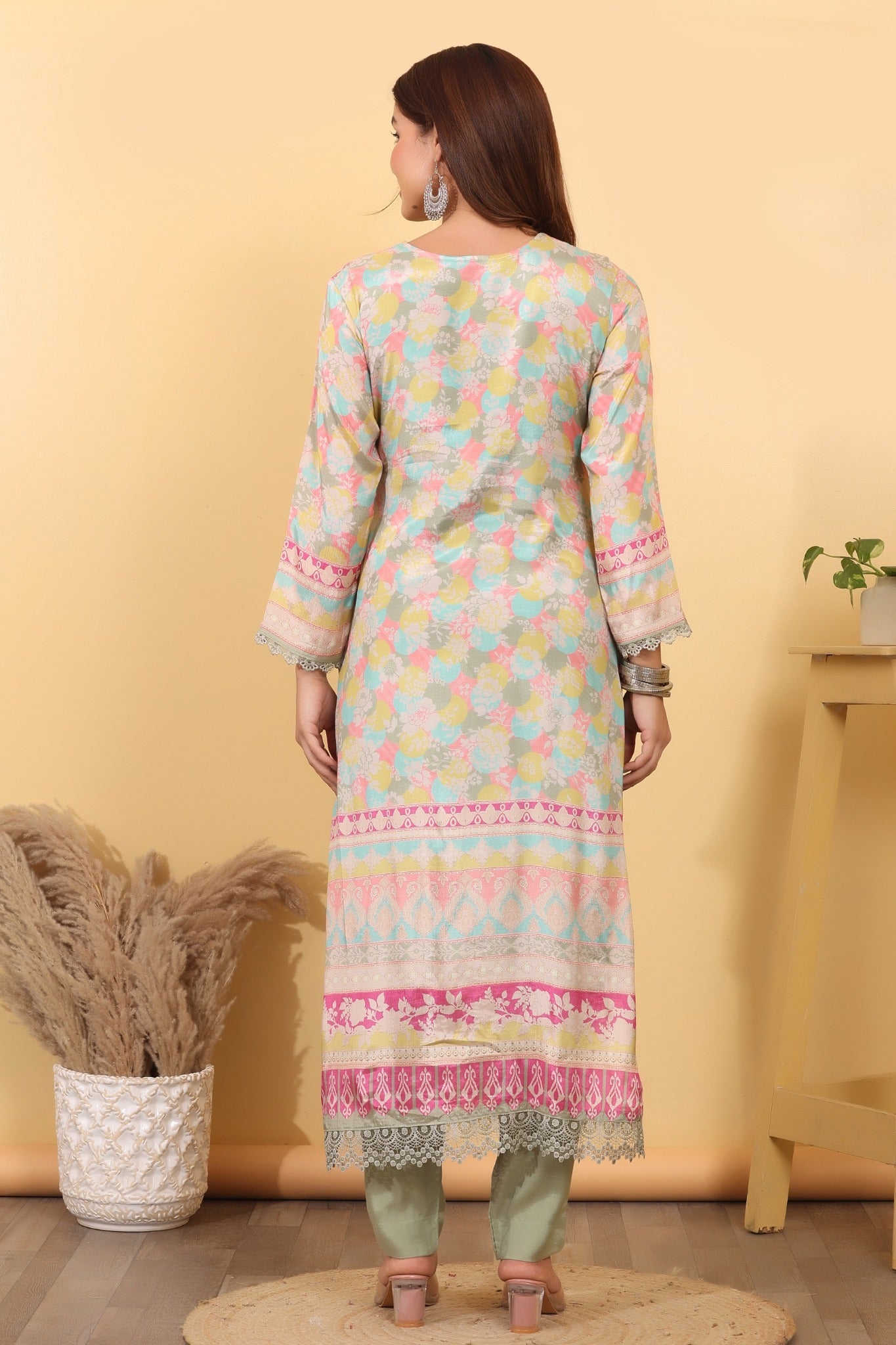 Sage Green Printed Suit Set with Multicolor Dupatta HSDAASKAR000007