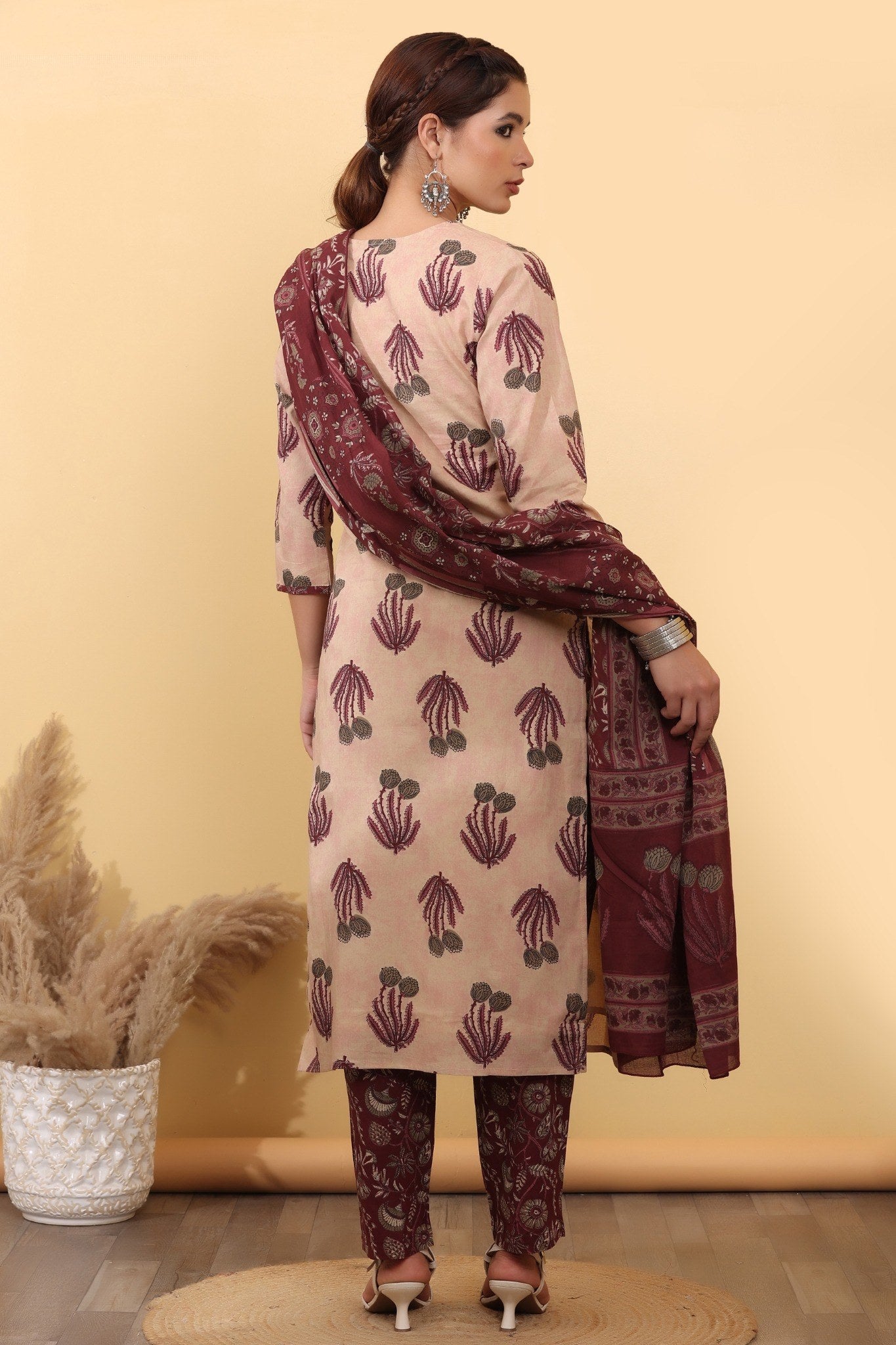 Beige & Maroon Cotton Salwar Kurta Dupatta Set for Women