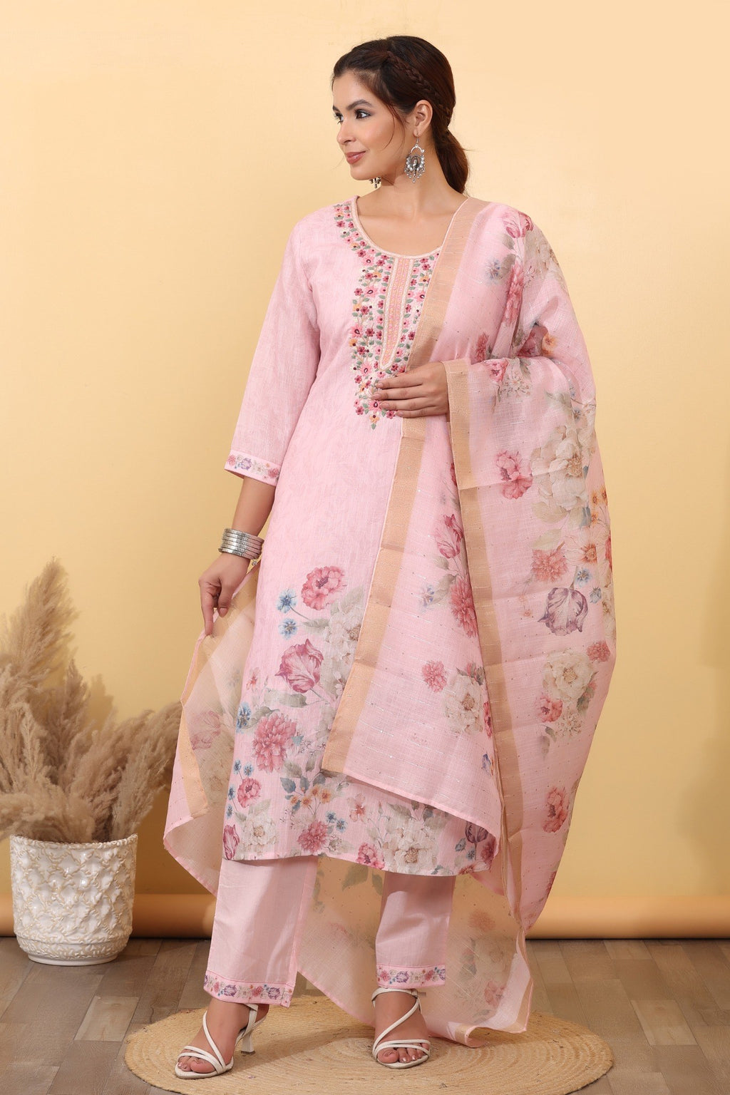 Blush Pink Floral Cotton Embroidered Suit Set with Dupatta