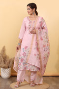 Blush Pink Floral Cotton Embroidered Suit Set with Dupatta