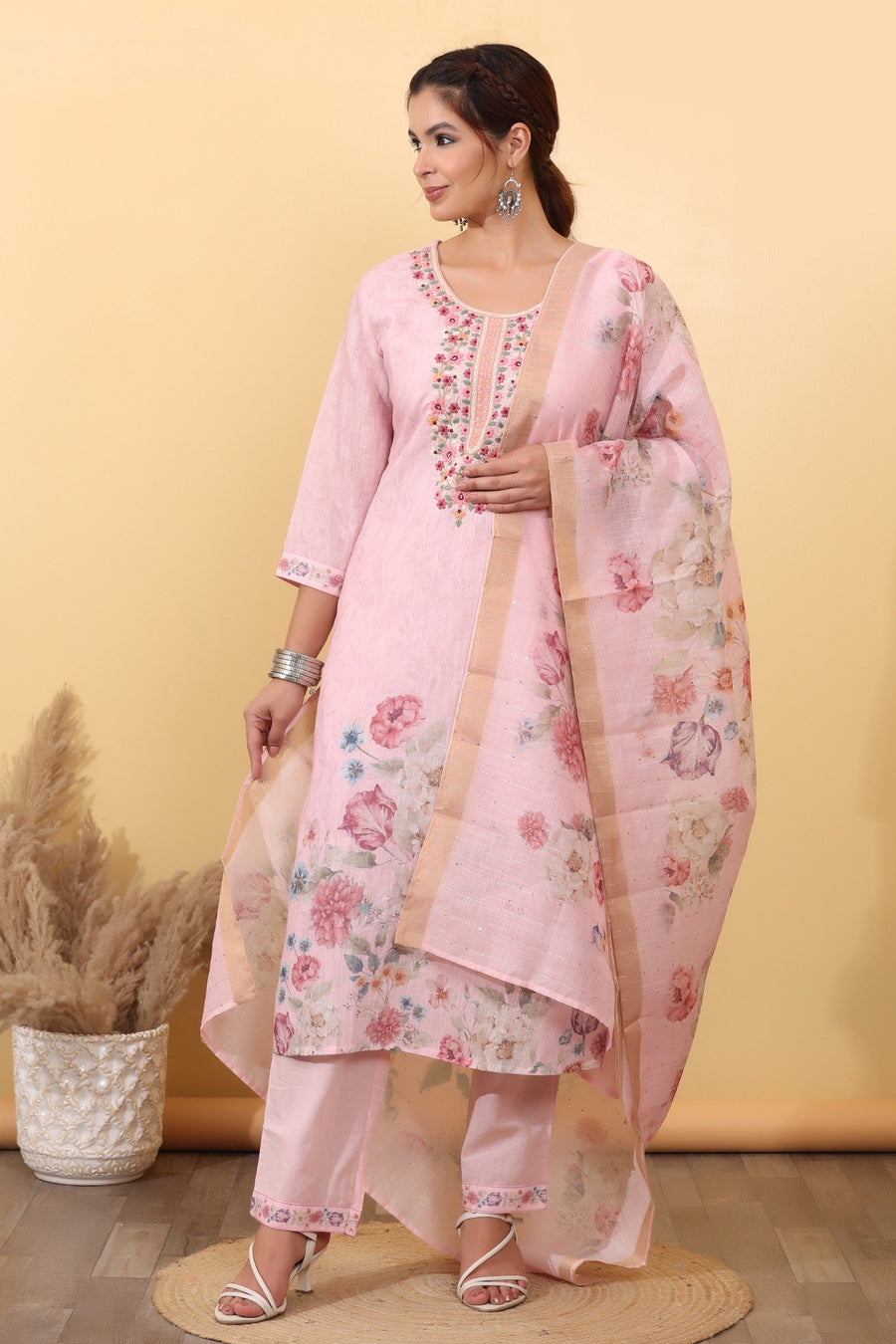 Blush Pink Floral Cotton Embroidered Suit Set with Dupatta