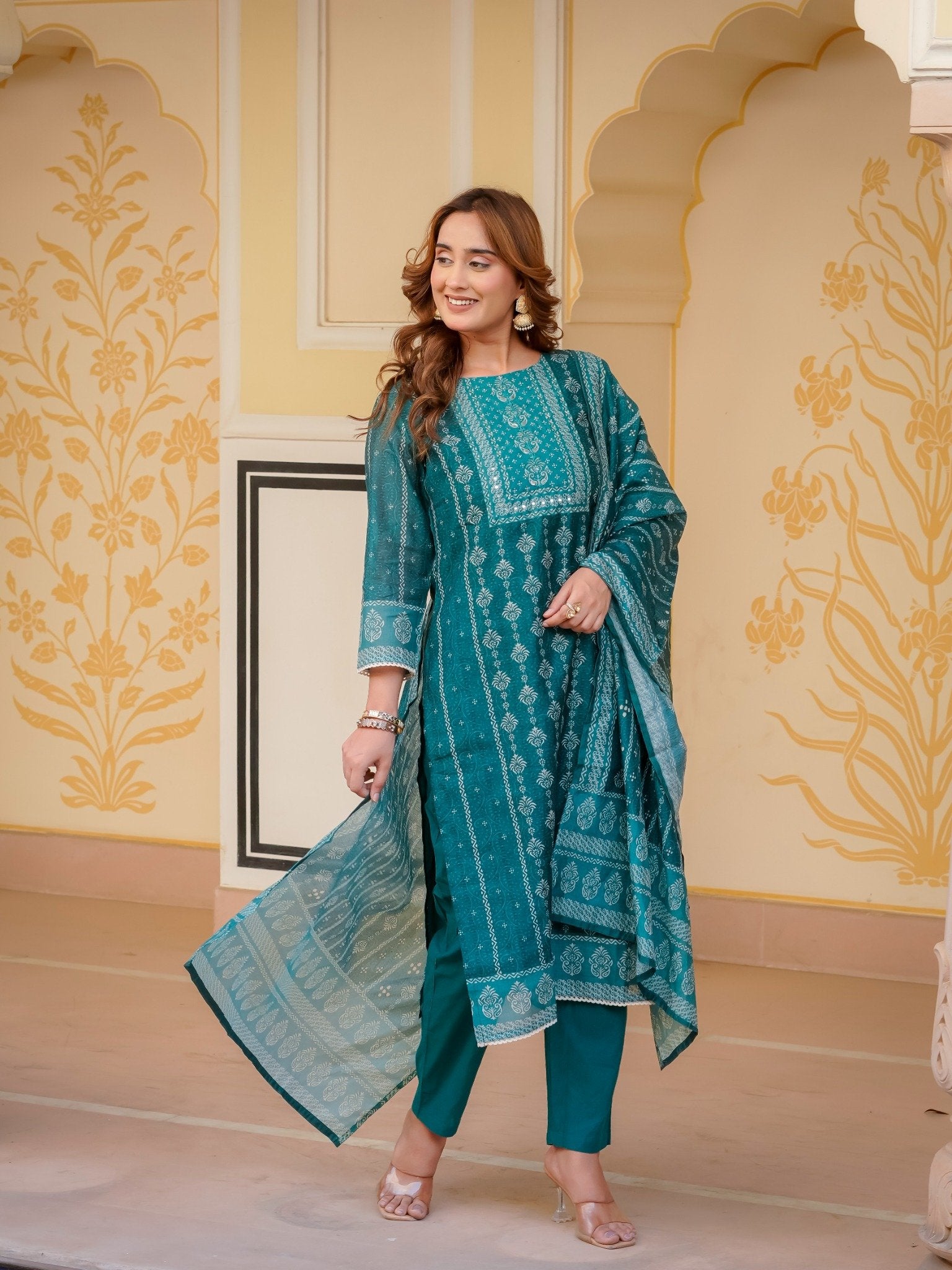 House of Sdaa Emerald Green Printed Kurta Set HSDAASKBC000002