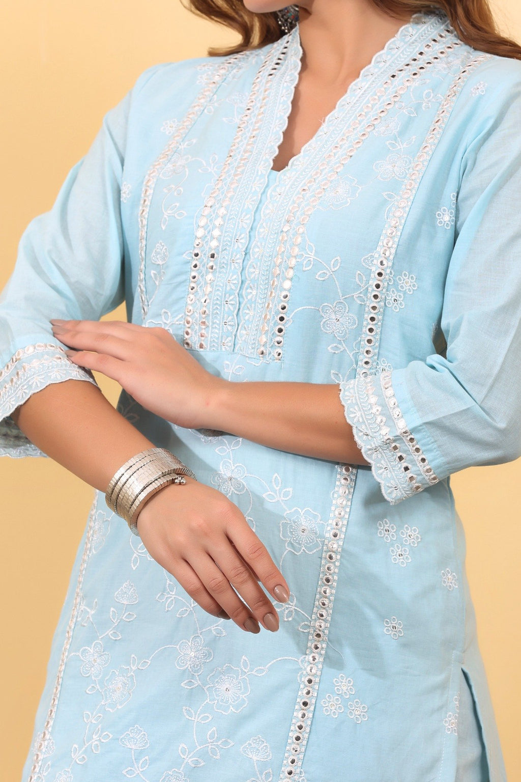 Sky Blue Cotton Embroidered Suit Set with Soft Cotton Dupatta HSDAASKSI000025