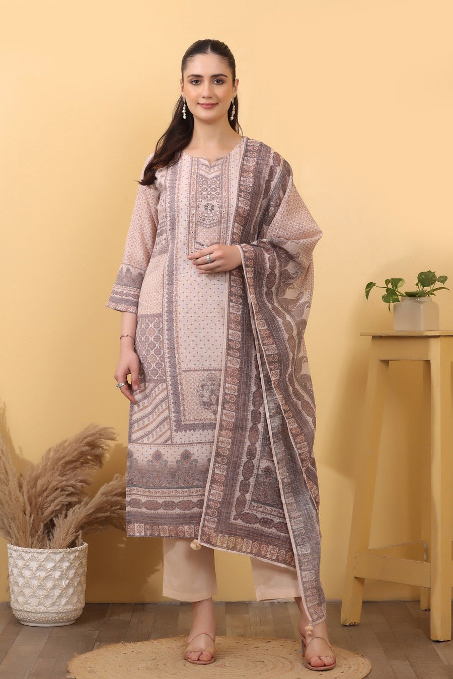 Beige Linen Printed Suit Set with Matching Linen Dupatta