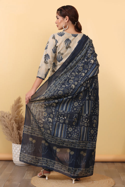Beige & Navy Blue Printed Cotton Suit Set with Floral Yoke & Dupatta.
