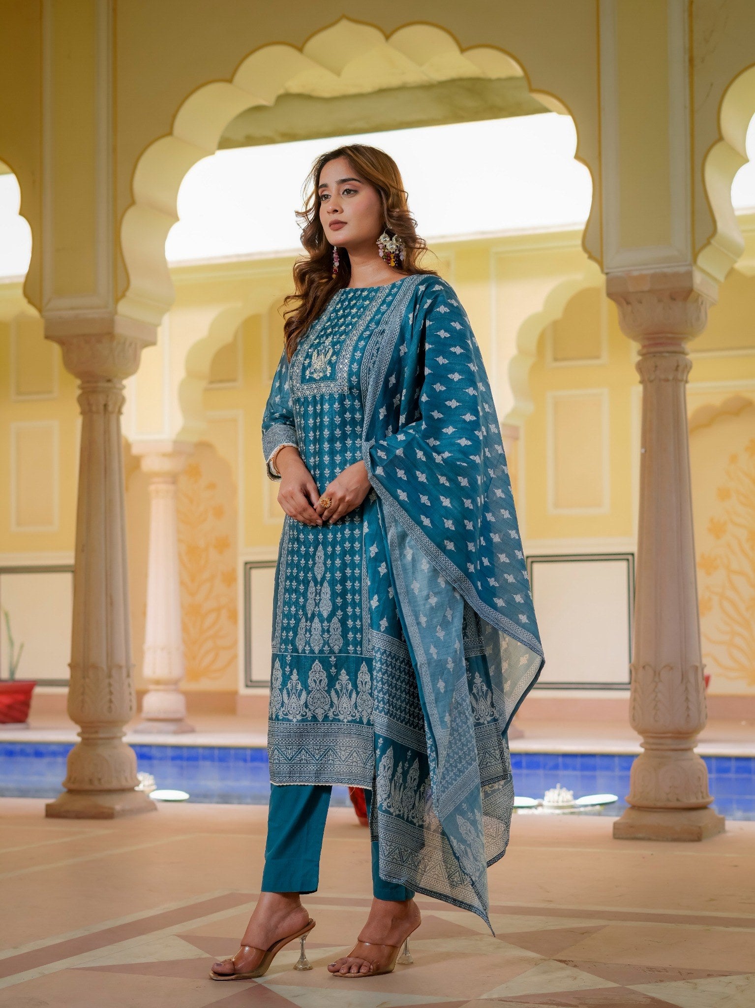 House of Sdaa Teal Blue Printed Kurta Set, HSDAASKBC000008