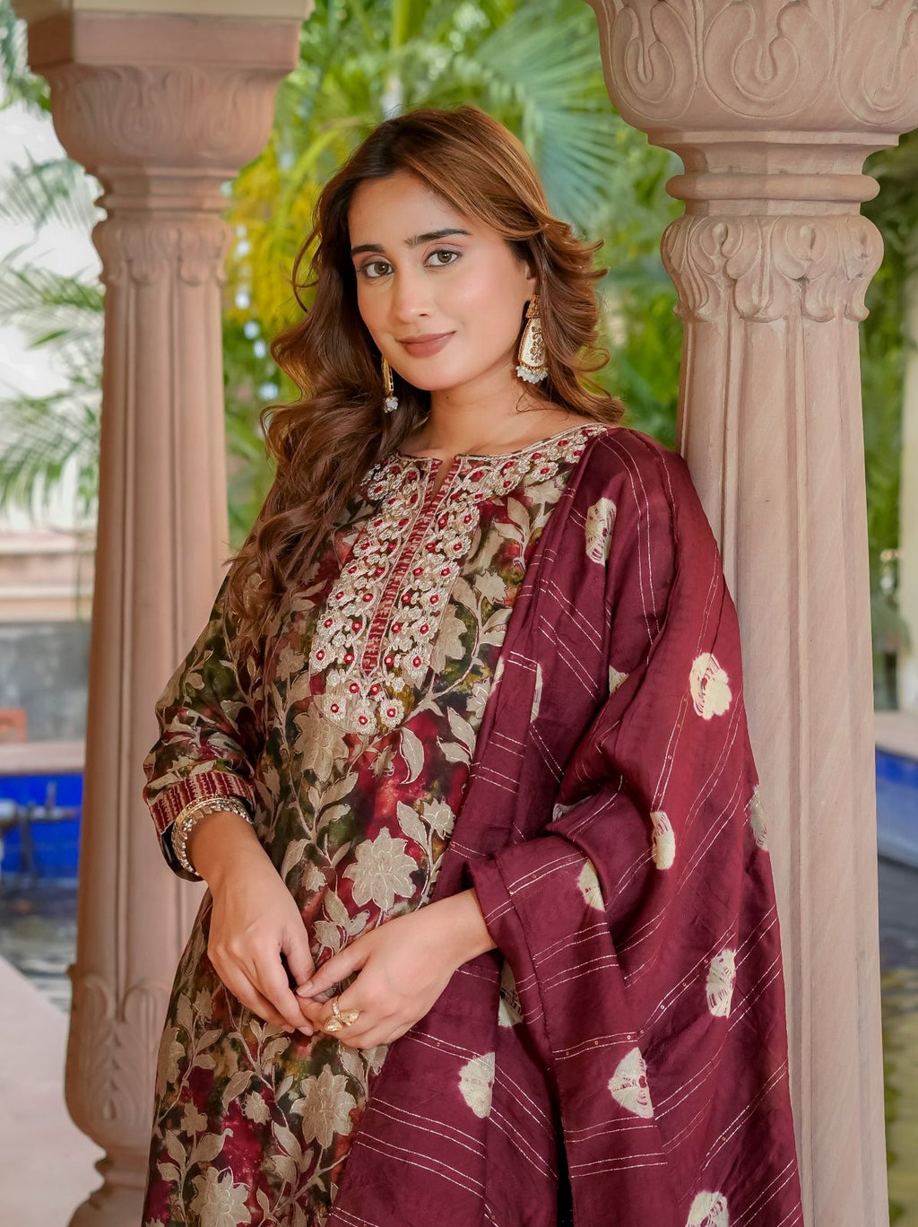 House of Sdaa Floral Printed Mehroon  Kurta Set . HSDAAMLSK000009