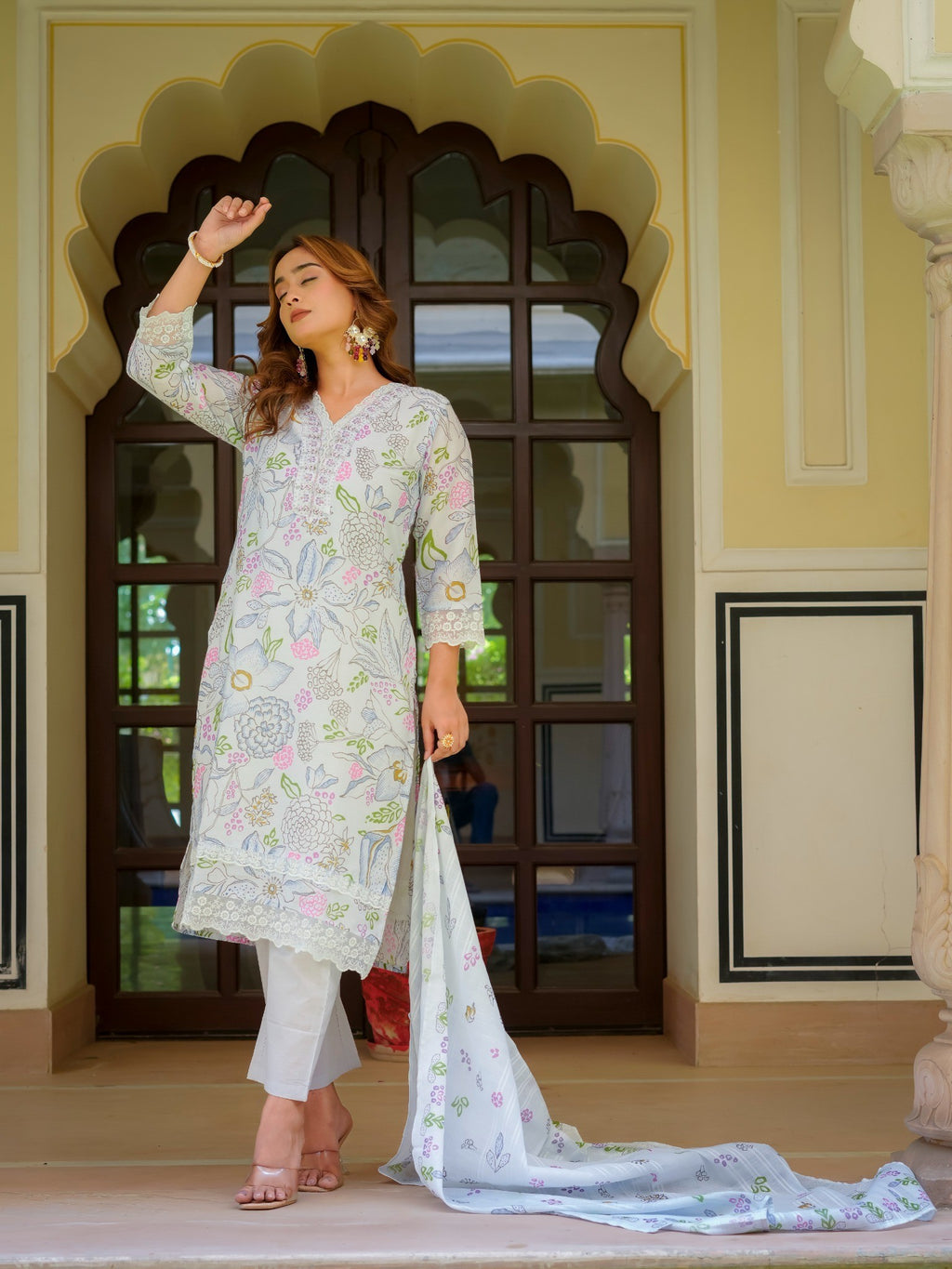 House of Sdaa White Floral Printed Kurta Set , HSDAASKID000002 BLUE