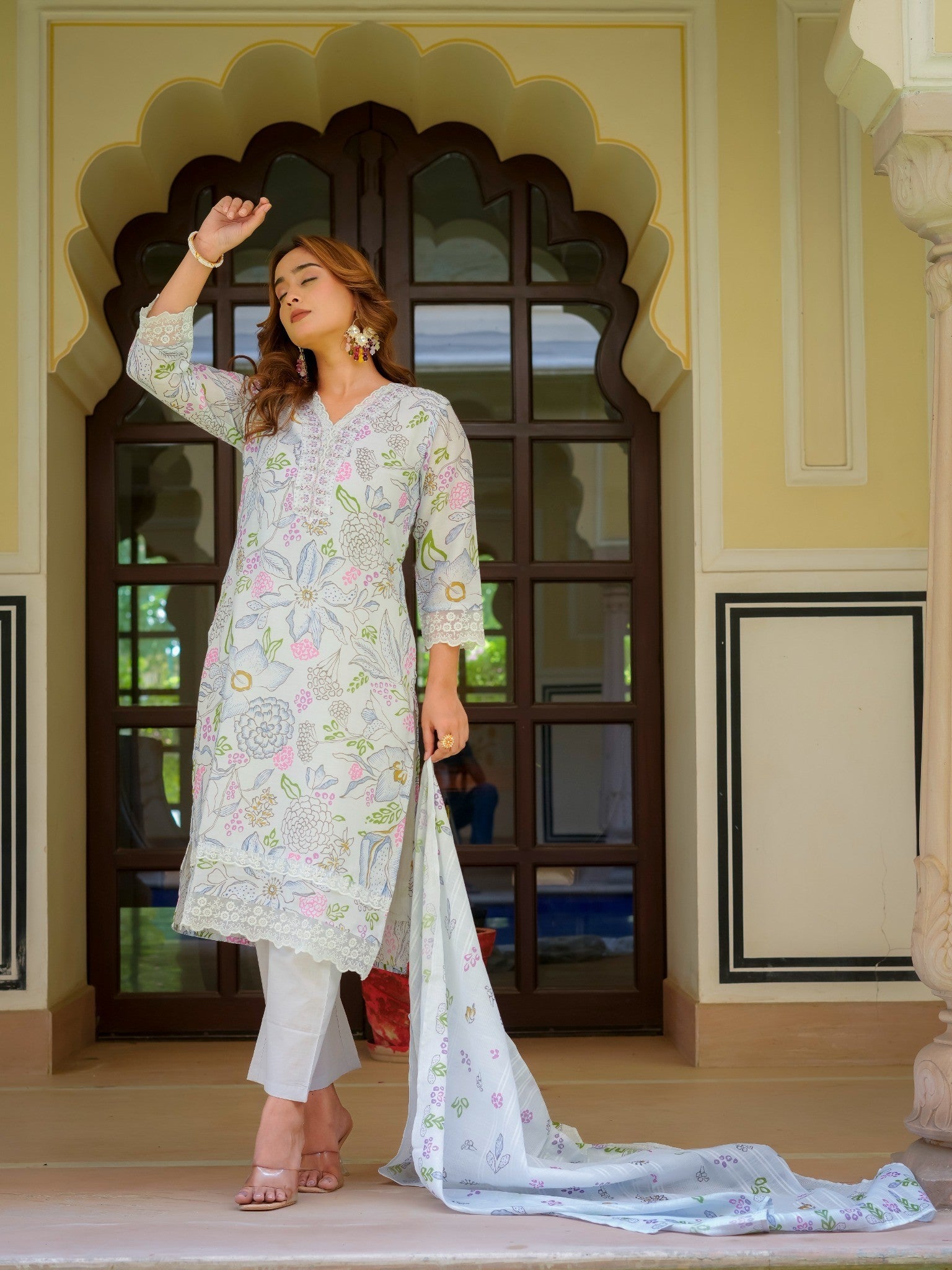 House of Sdaa White Floral Printed Kurta Set , HSDAASKID000002 BLUE