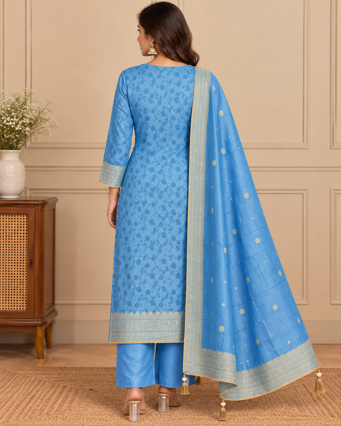 Slate Blue Silk Blend Unstitched Dress Material with Gold Motif Detailing